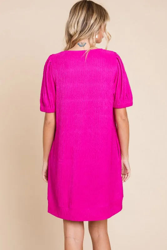Fuchsia Textured Stripe Knit Short Puff Sleeve Dress sold by Pinkblush product image thumbnail 5