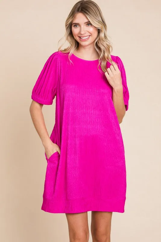 Fuchsia Textured Stripe Knit Short Puff Sleeve Dress sold by Pinkblush product image thumbnail 2
