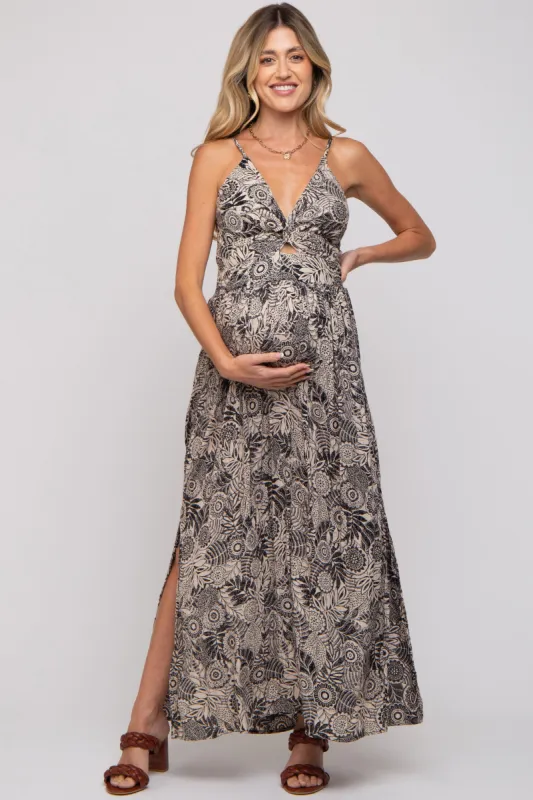 Black Floral Front Cutout Side Slit Maternity Maxi Dress sold by Pinkblush