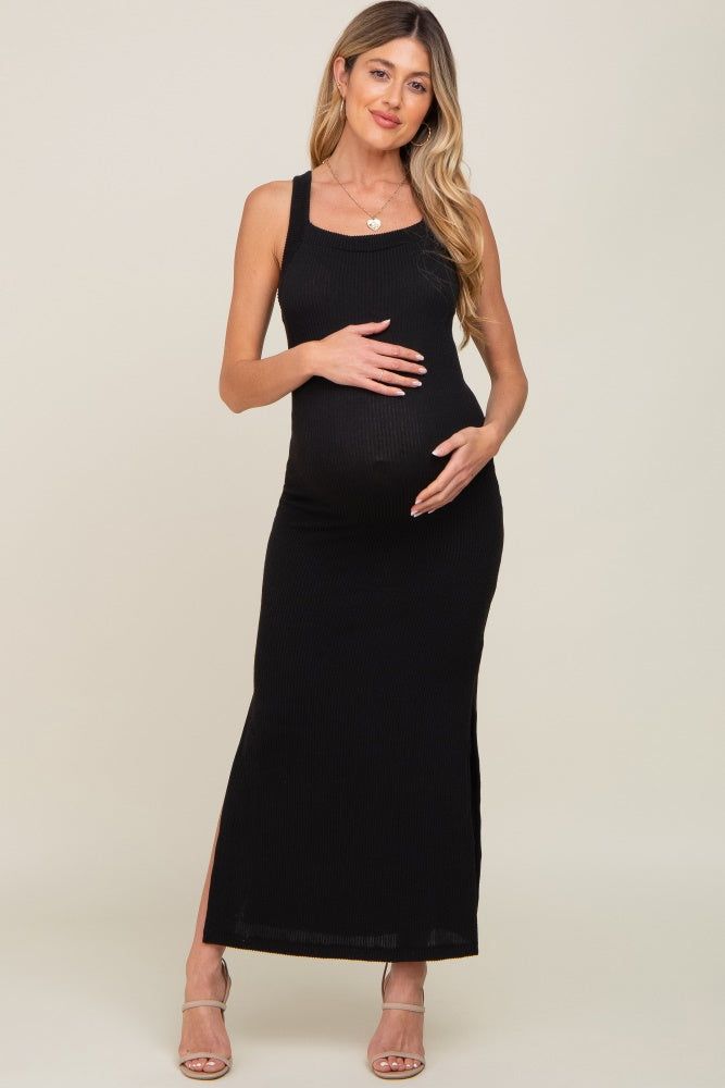 Black Rib Knit Side Slit Maternity Maxi Dress sold by Pinkblush product image thumbnail 4