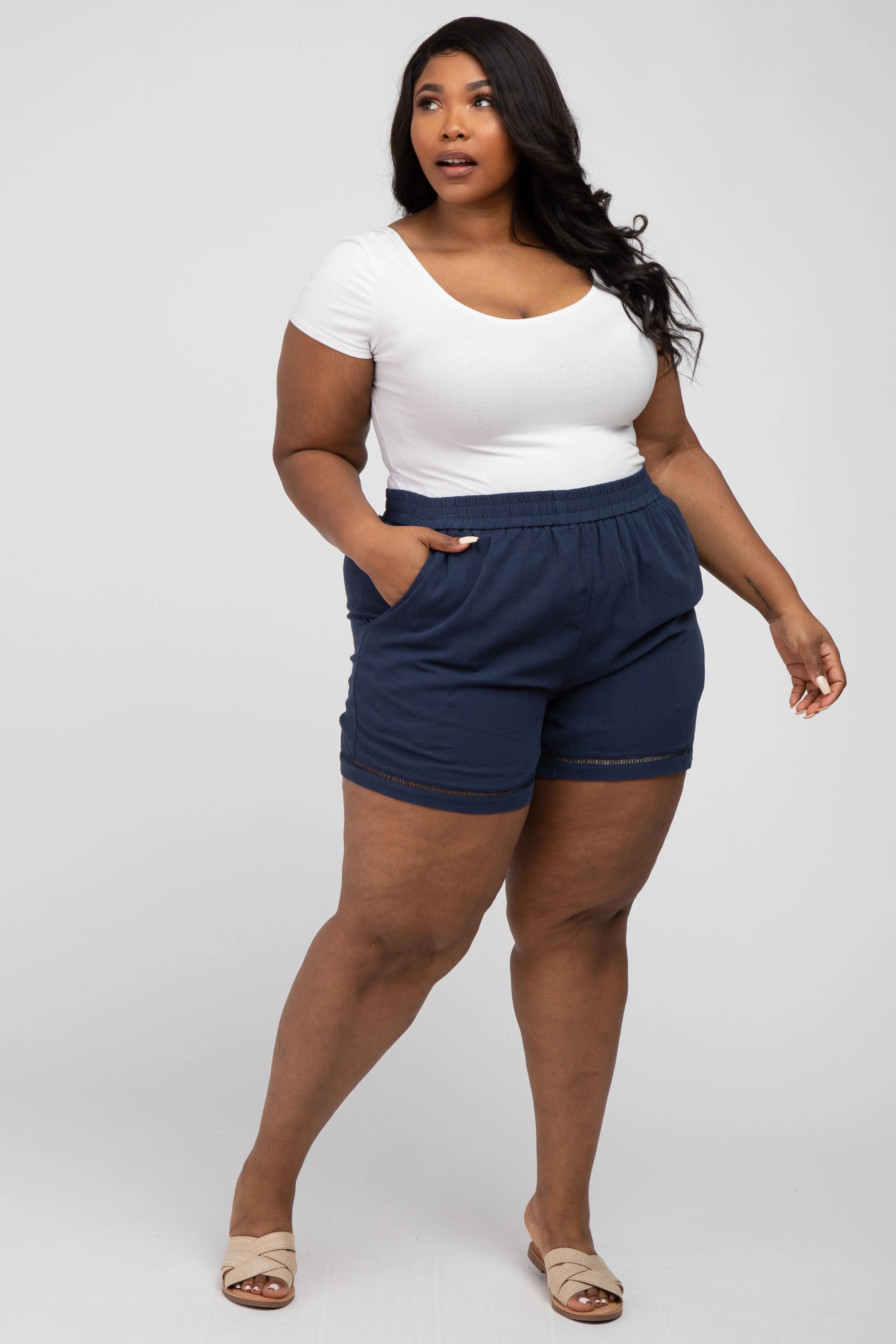 Navy Blue Ladder Trim Maternity Plus Shorts sold by Pinkblush product image thumbnail 5