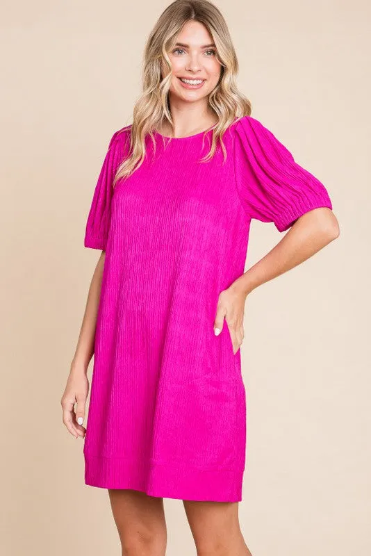 Fuchsia Textured Stripe Knit Short Puff Sleeve Dress sold by Pinkblush product image thumbnail 3
