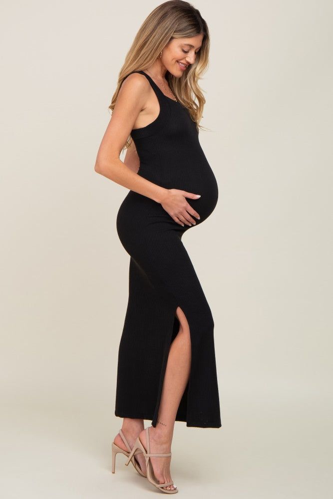 Black Rib Knit Side Slit Maternity Maxi Dress sold by Pinkblush product image thumbnail 2