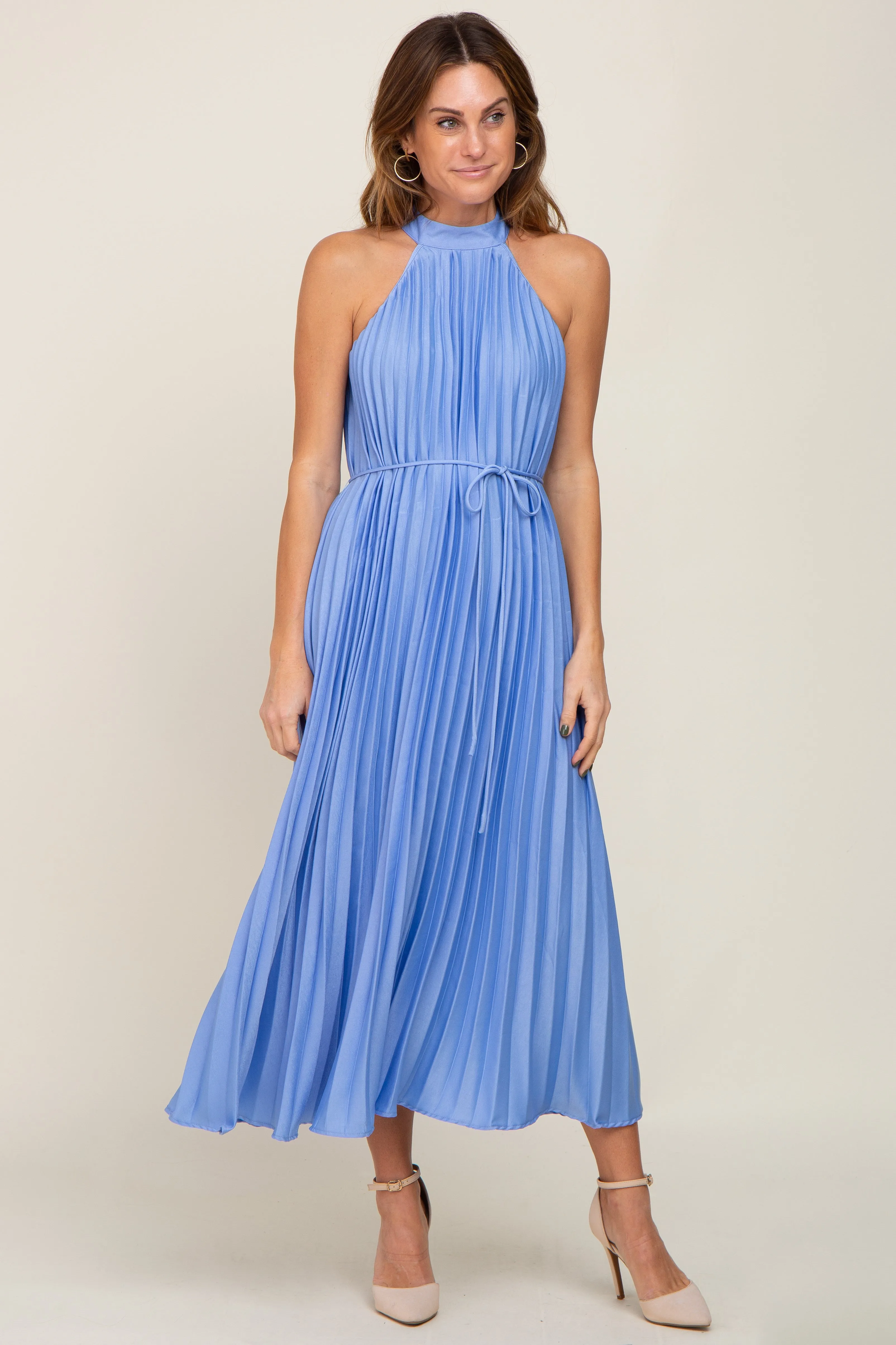 Light Blue Pleated Maternity Halter Dress sold by Pinkblush product image thumbnail 4