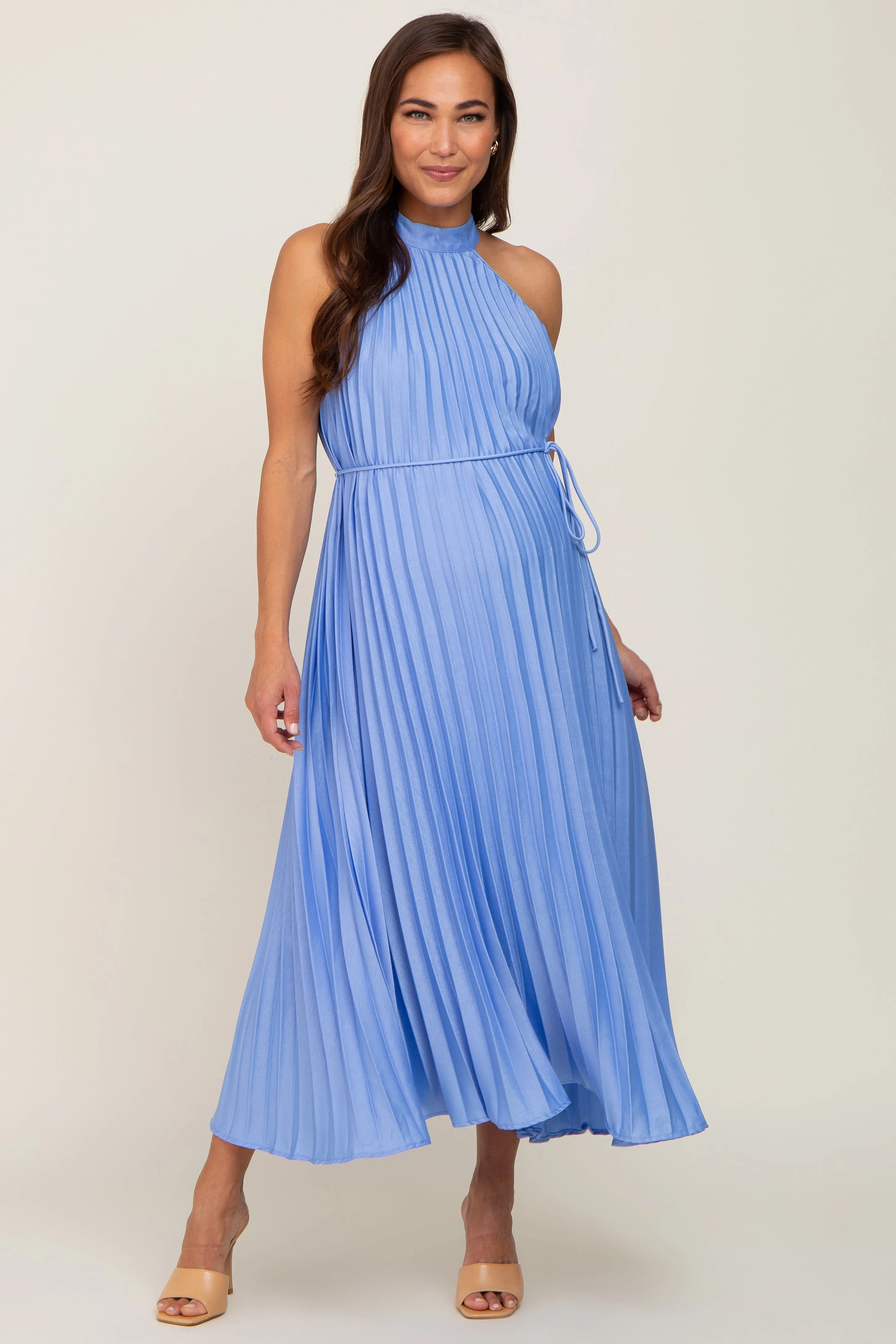 Light Blue Pleated Maternity Halter Dress sold by Pinkblush