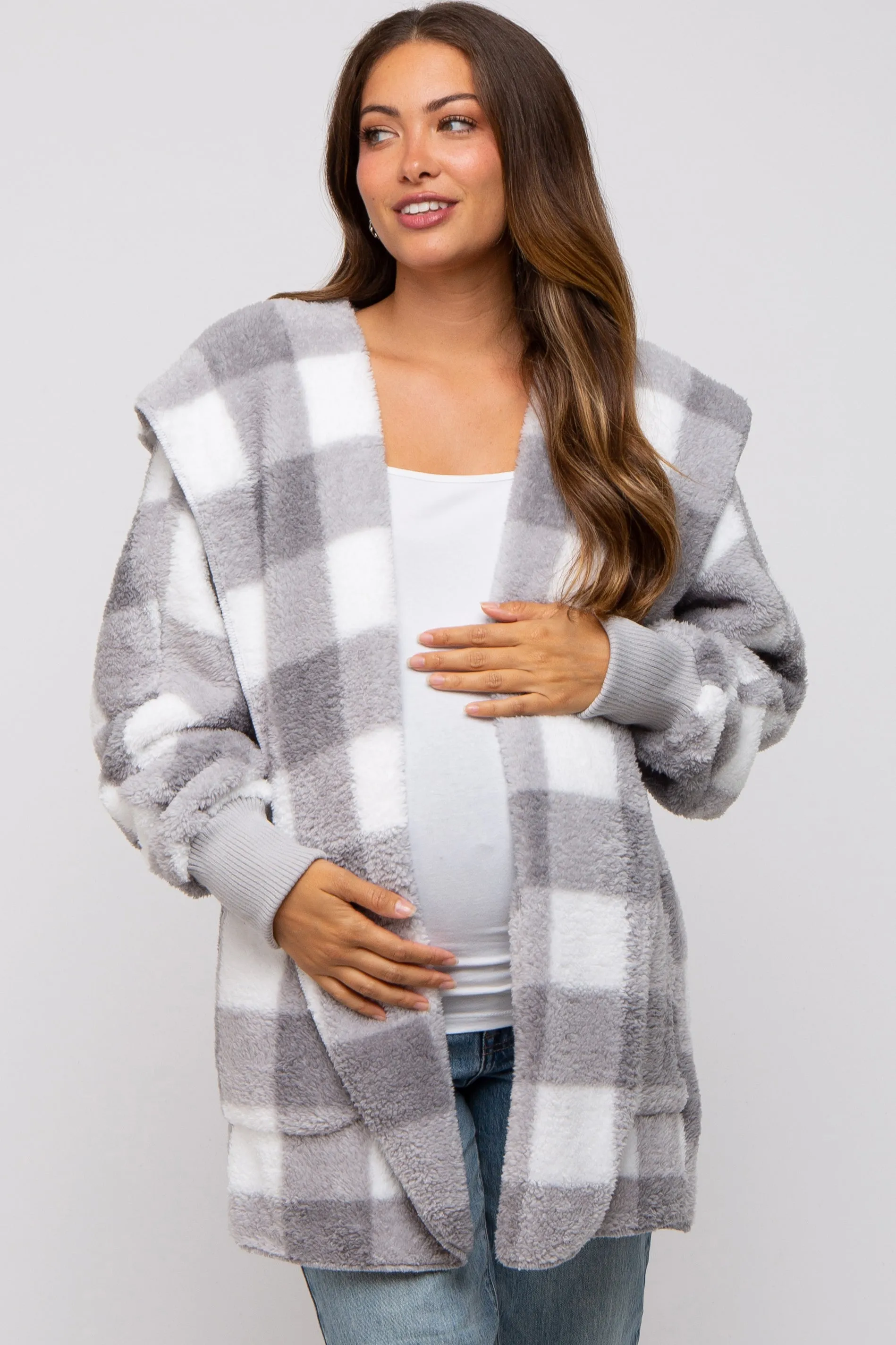 Grey Plaid Maternity Hooded Cardigan sold by Pinkblush product image thumbnail 2