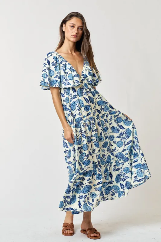 Blue Floral Deep V-Neck Ruffle Midi Dress sold by Pinkblush