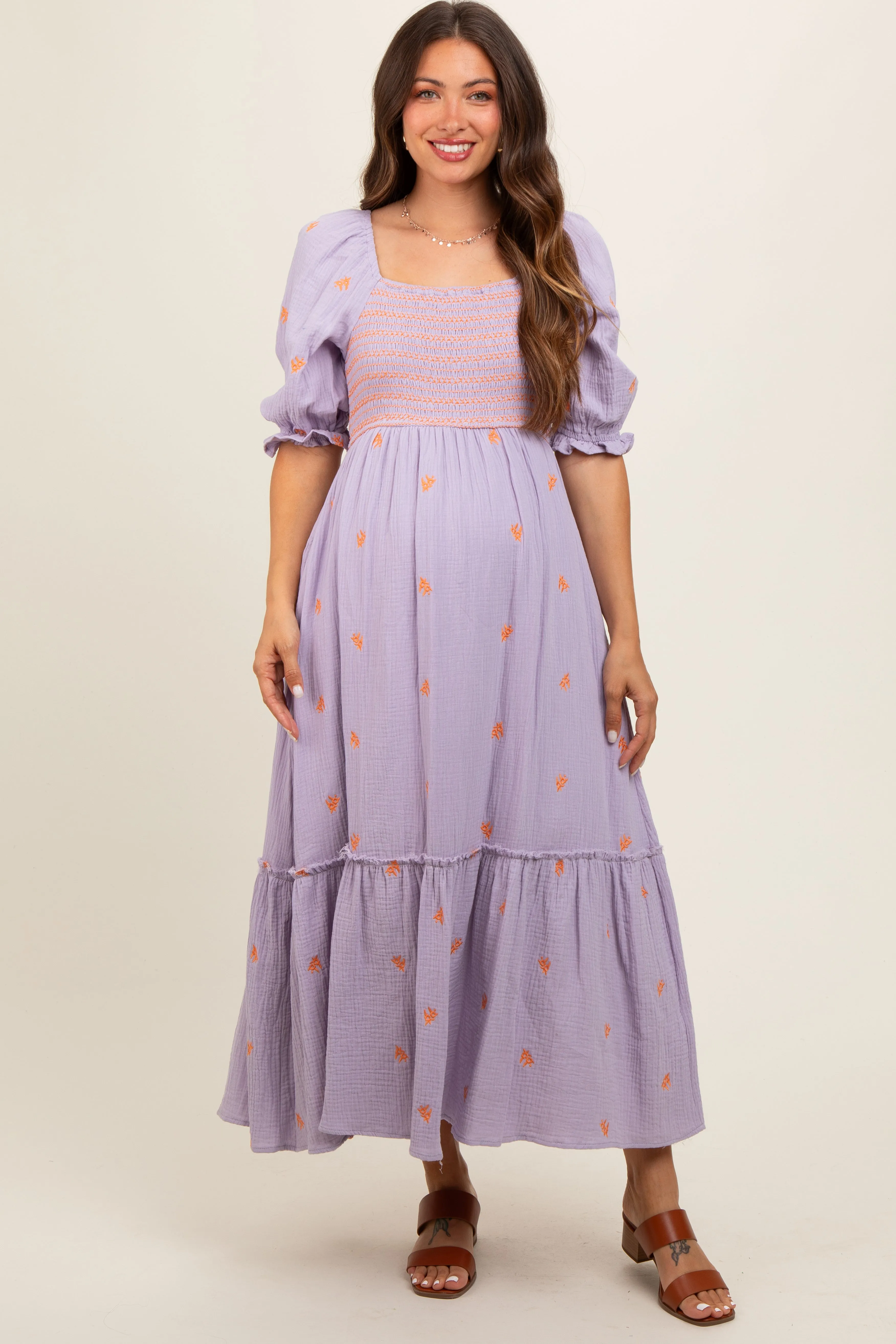Lavender Gauze Smocked Embroidered Square Neck Maternity Midi Dress sold by Pinkblush product image thumbnail 2