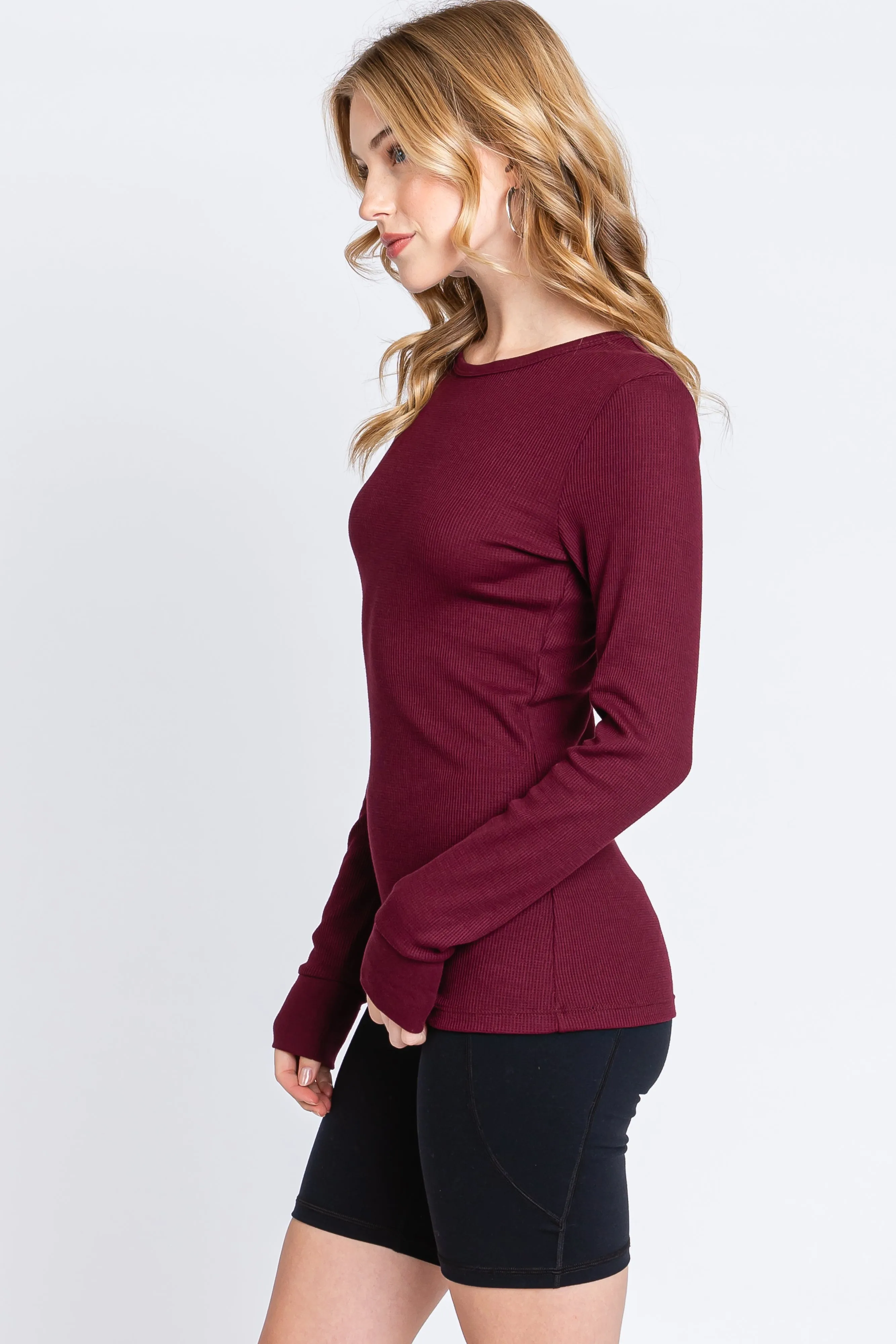 Burgundy Waffle Knit Basic Long Sleeve Top sold by Pinkblush product image thumbnail 2