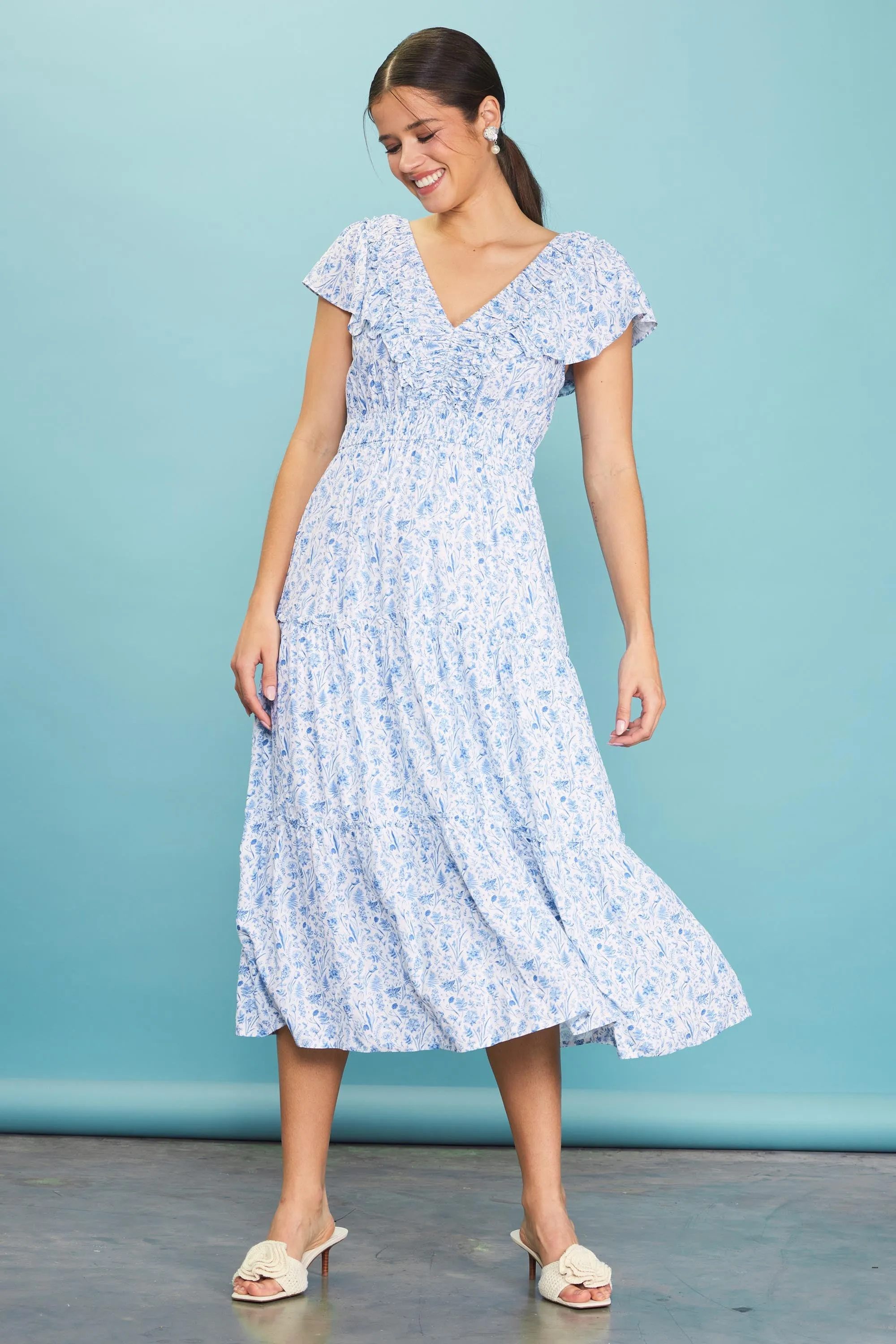 Blue Floral Front Ruched Ruffle Shoulder Tiered Midi Dress sold by Pinkblush product image thumbnail 2