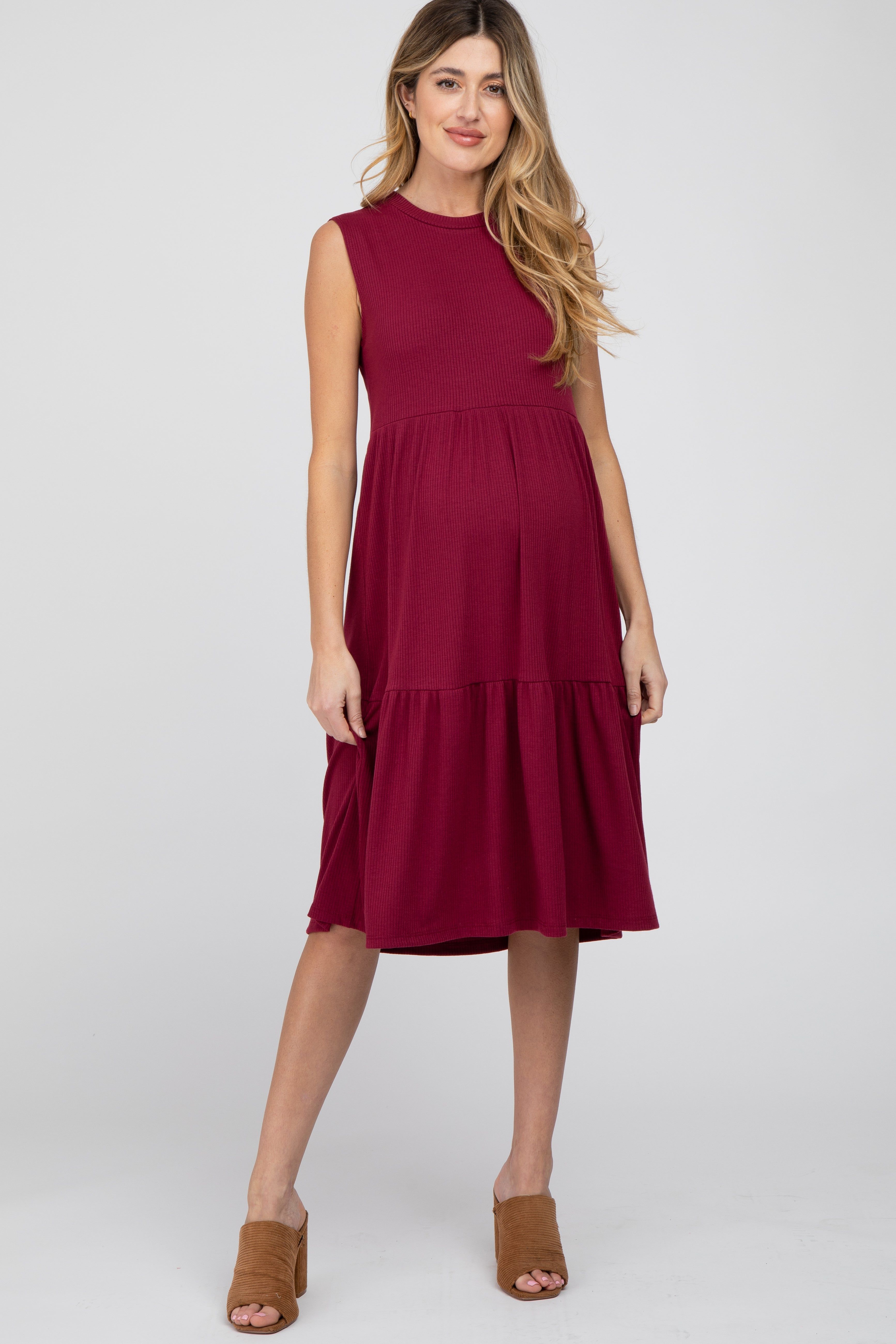 Burgundy Ribbed Tiered Maternity Midi Dress sold by Pinkblush