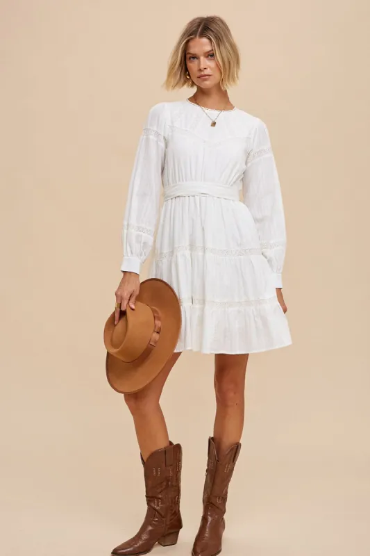 Off White Lace Inlay Long Sleeve Mini Dress sold by Pinkblush