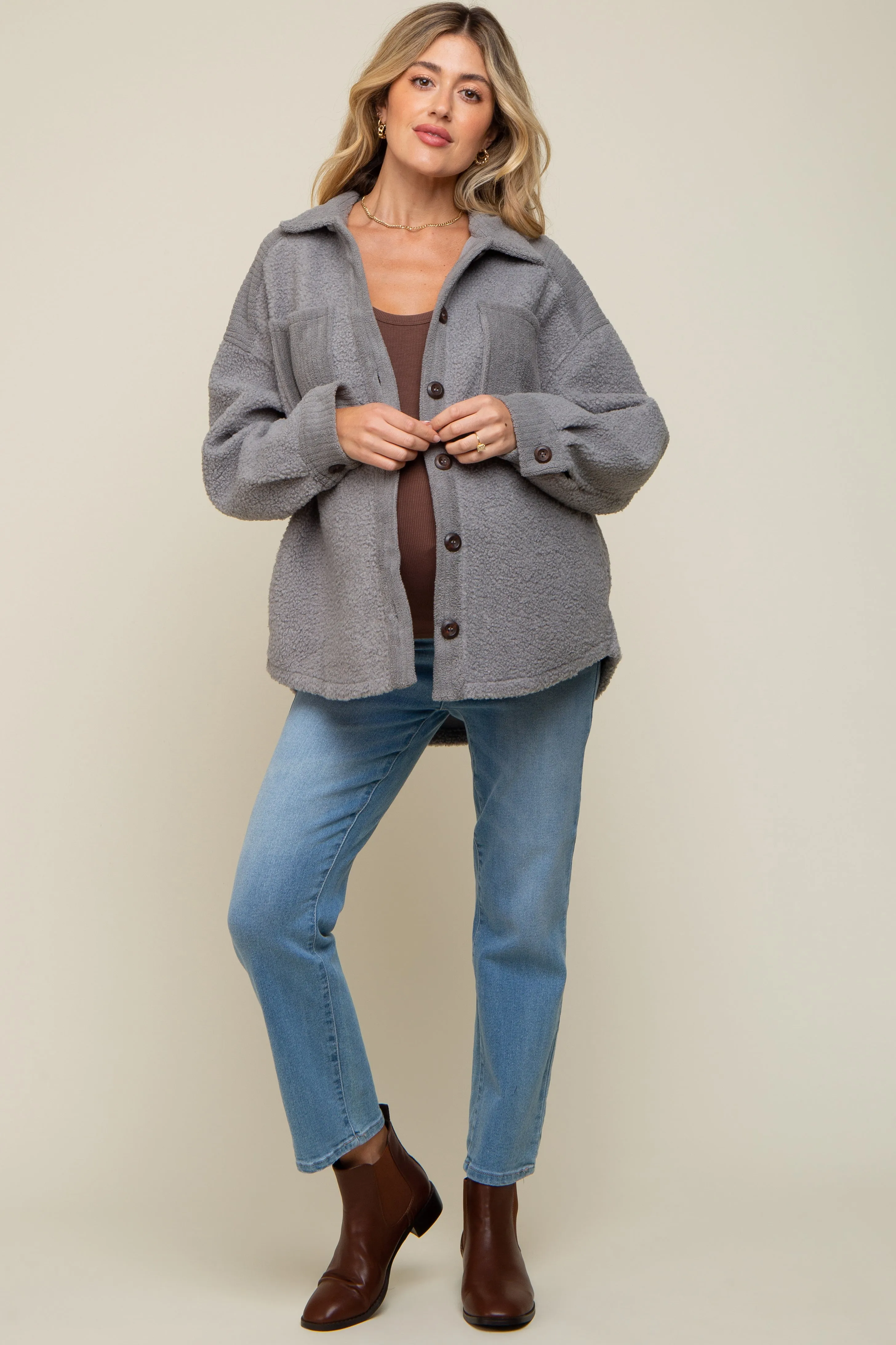Grey Colorblock Fleece Maternity Shirt Jacket sold by Pinkblush