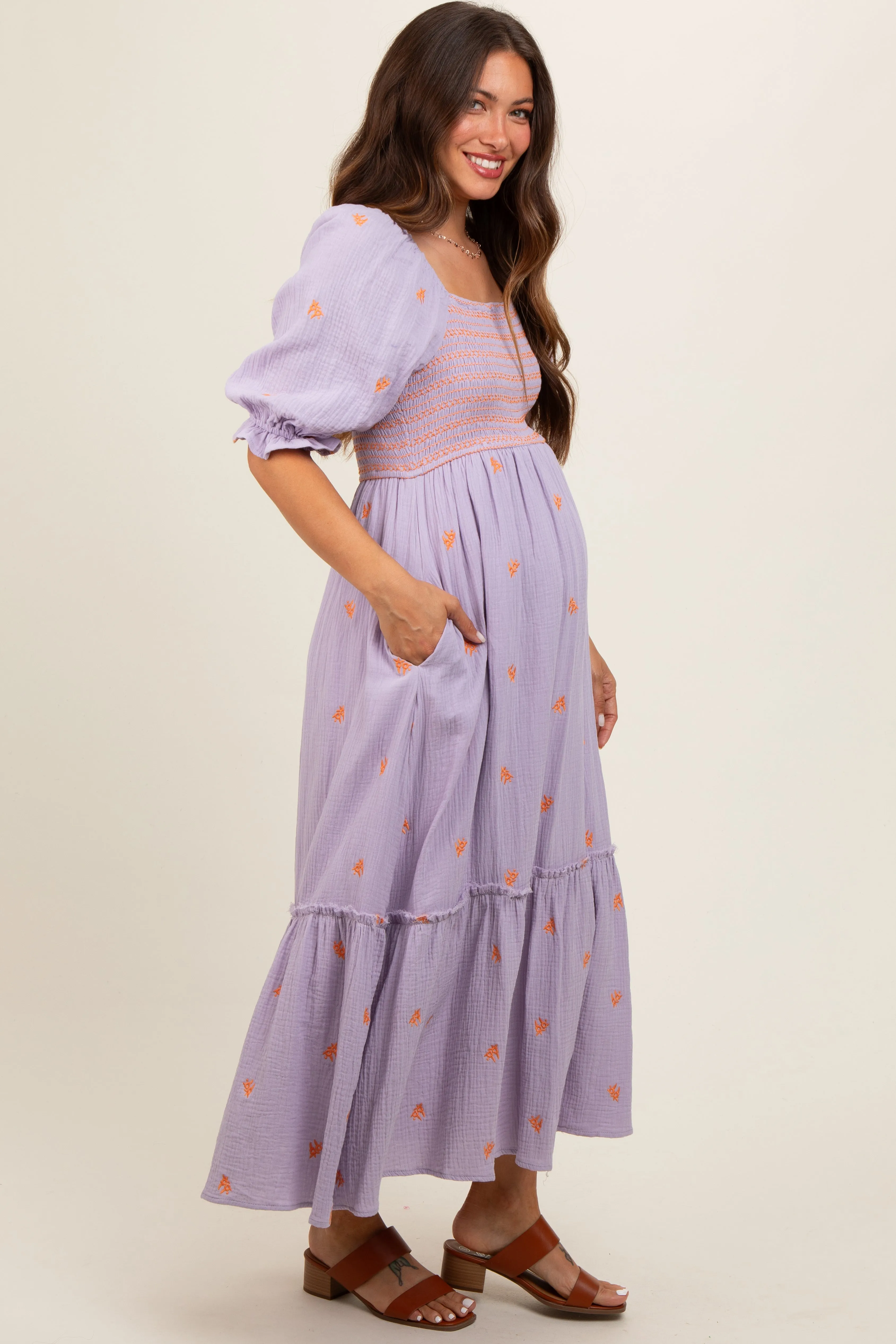 Lavender Gauze Smocked Embroidered Square Neck Maternity Midi Dress sold by Pinkblush product image thumbnail 3