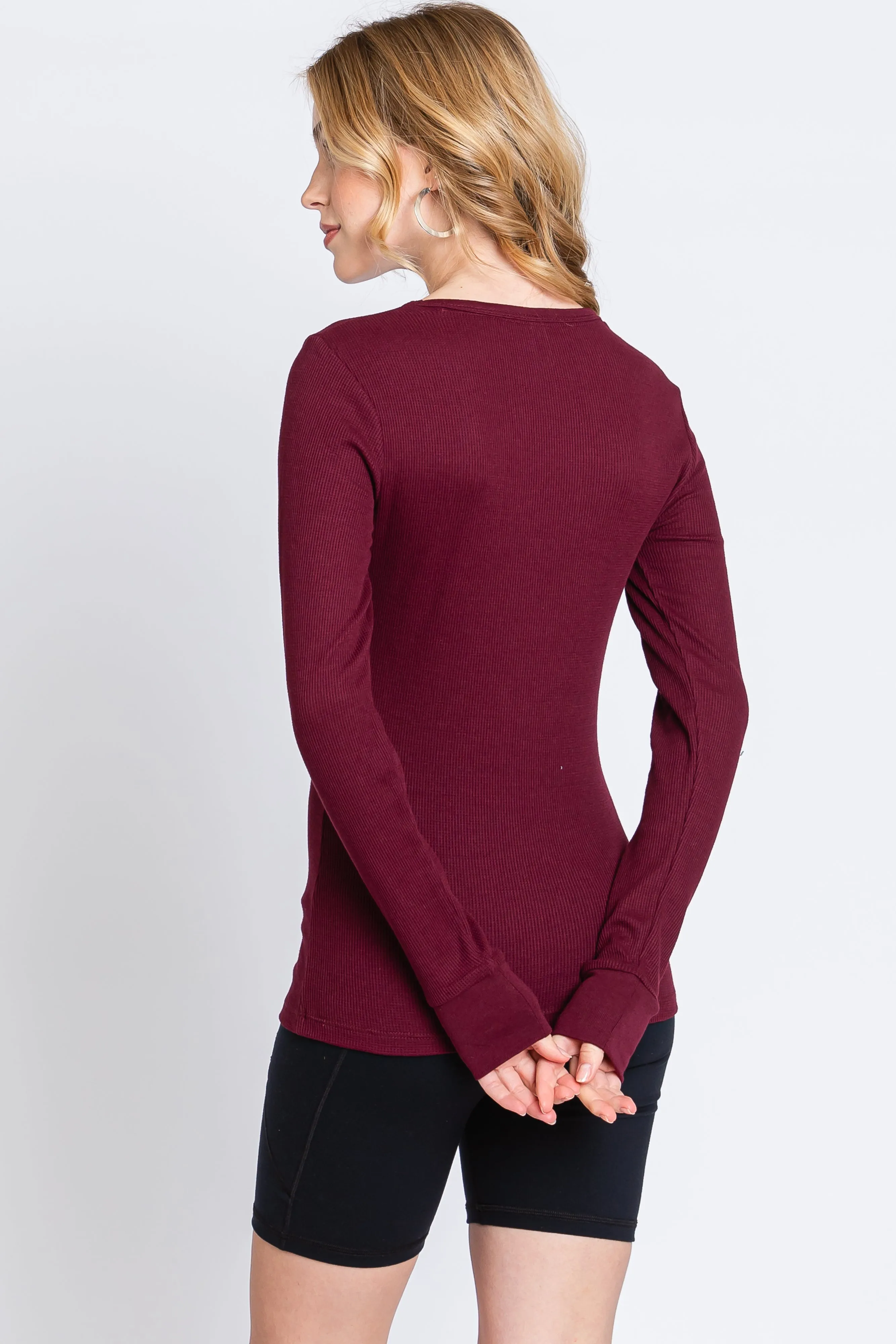 Burgundy Waffle Knit Basic Long Sleeve Top sold by Pinkblush product image thumbnail 3