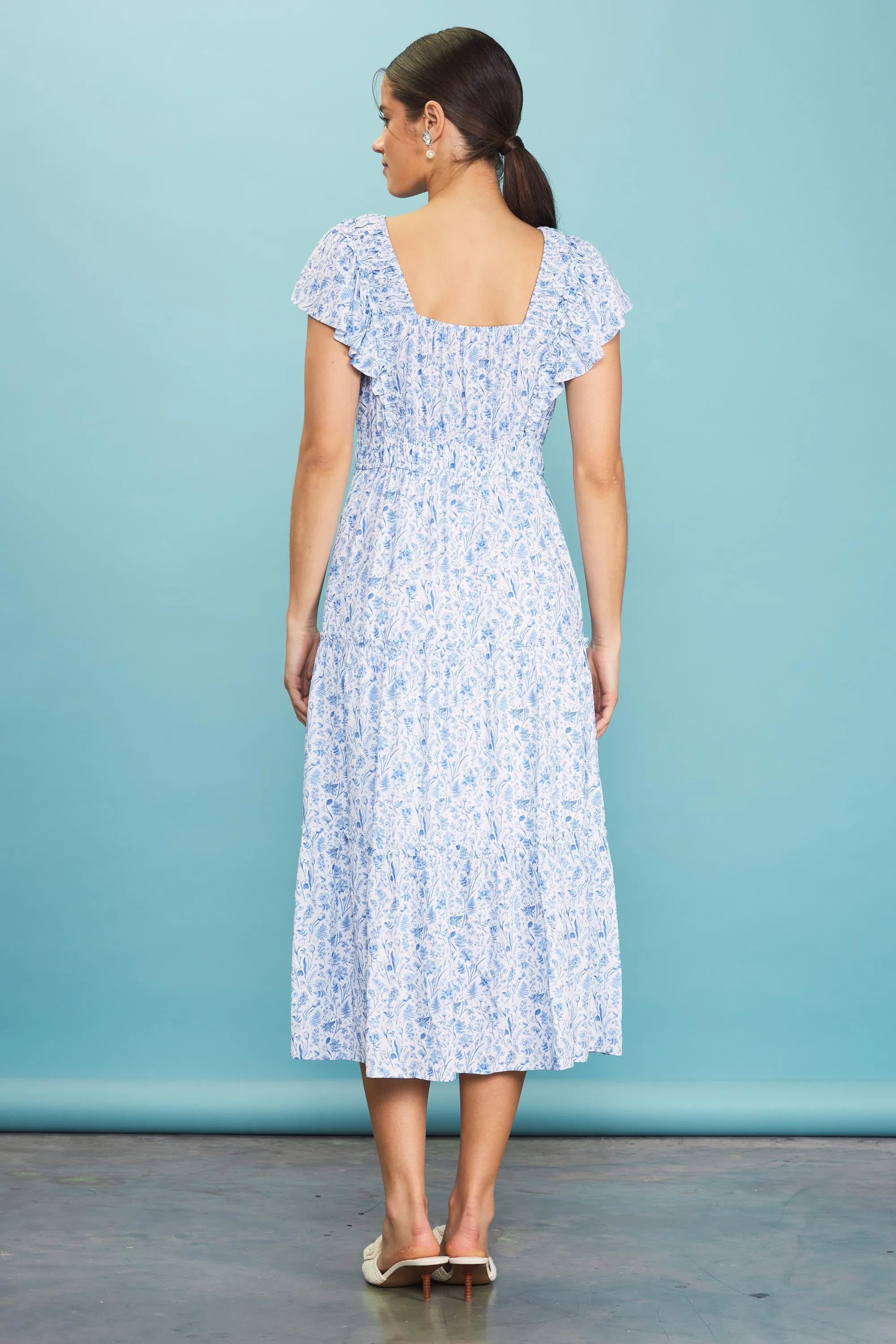 Blue Floral Front Ruched Ruffle Shoulder Tiered Midi Dress sold by Pinkblush product image thumbnail 3