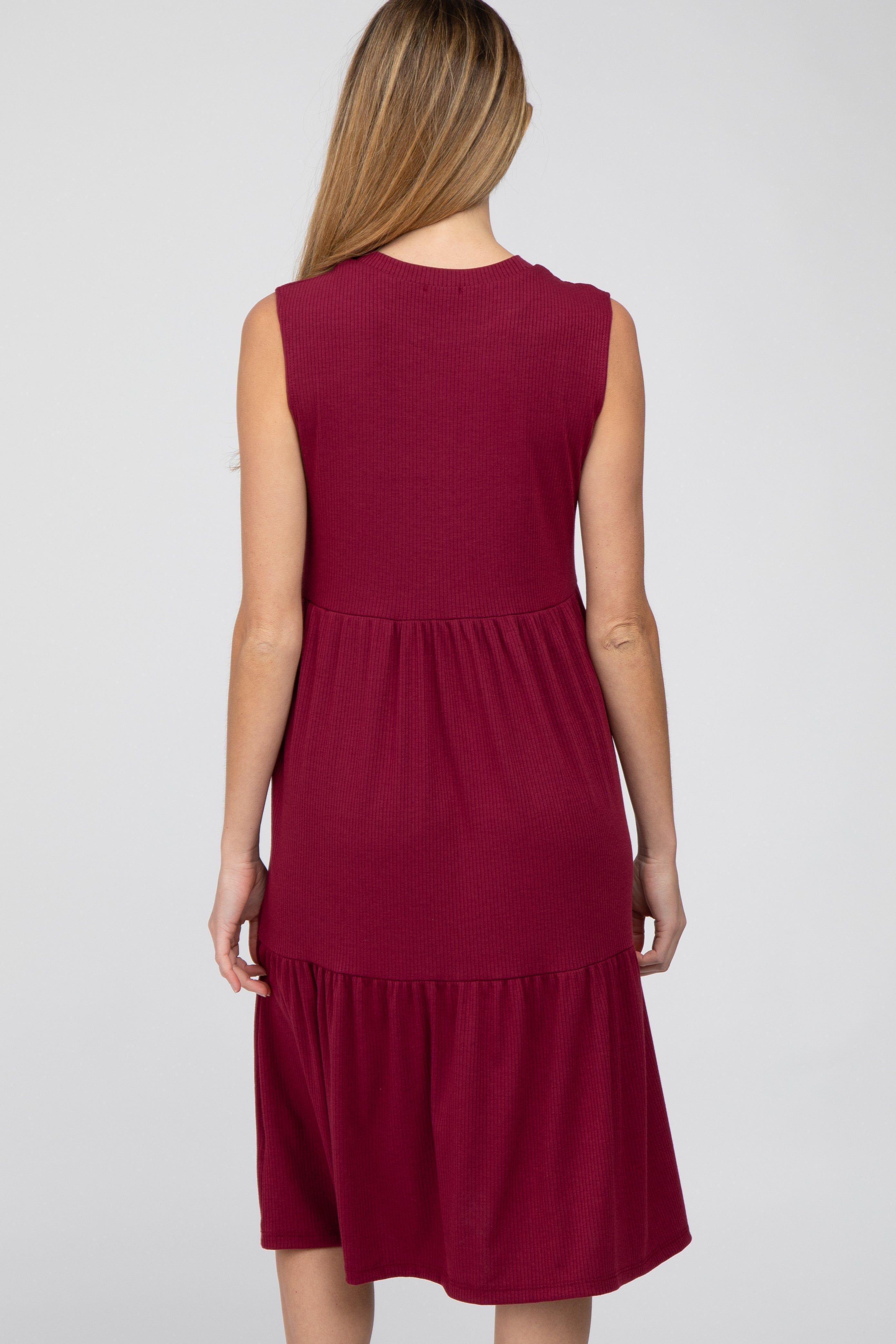 Burgundy Ribbed Tiered Maternity Midi Dress sold by Pinkblush product image thumbnail 4