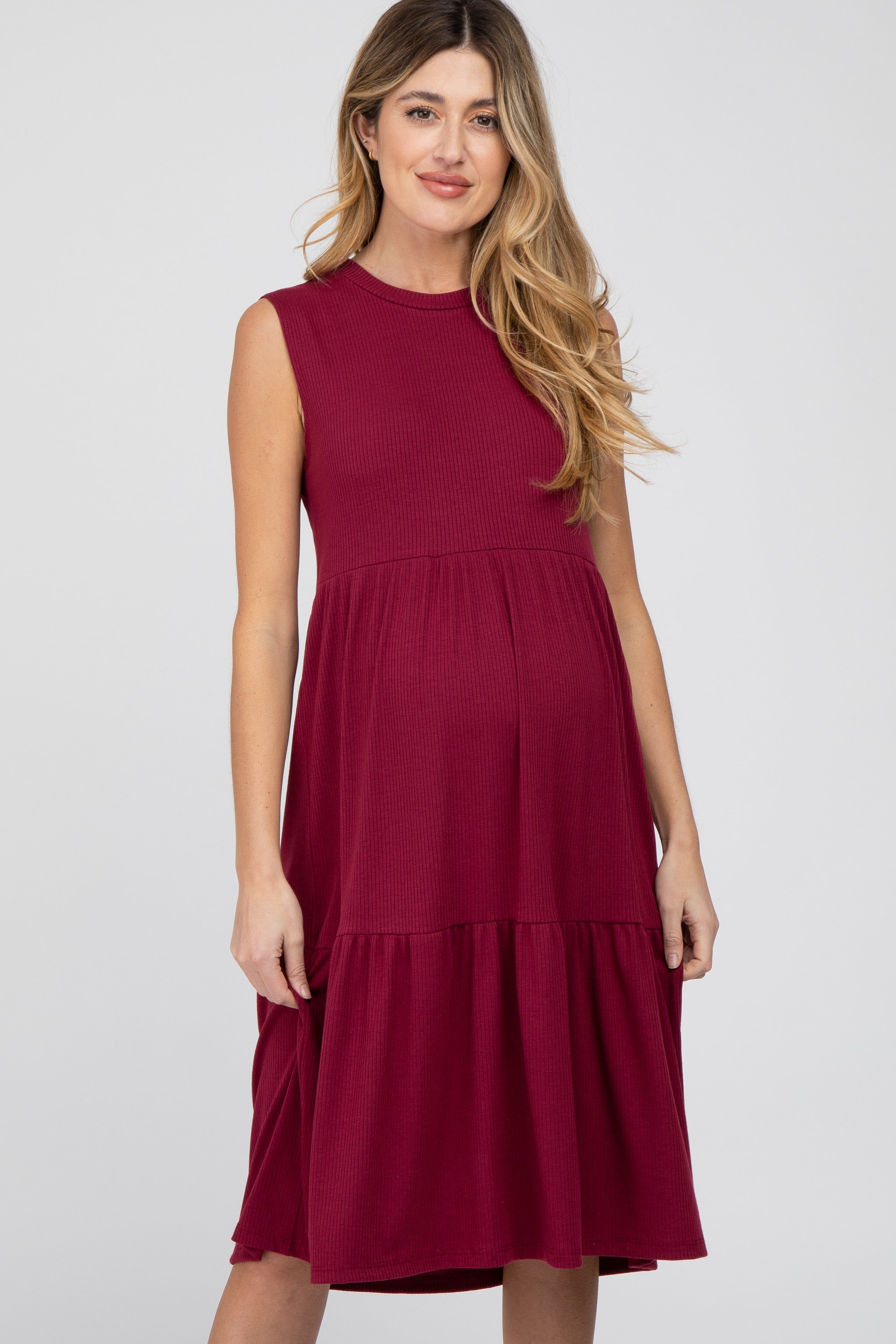 Burgundy Ribbed Tiered Maternity Midi Dress sold by Pinkblush product image thumbnail 2