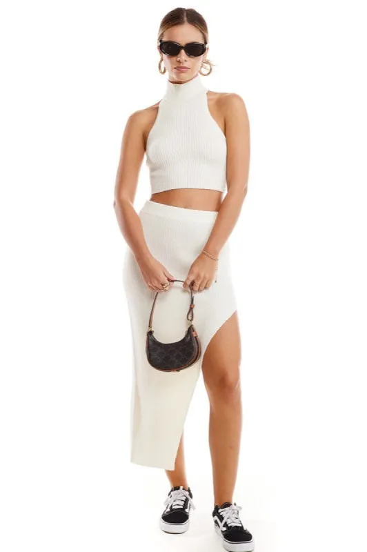 Ecru Solid Halter Top And Midi Skirt sold by Pinkblush
