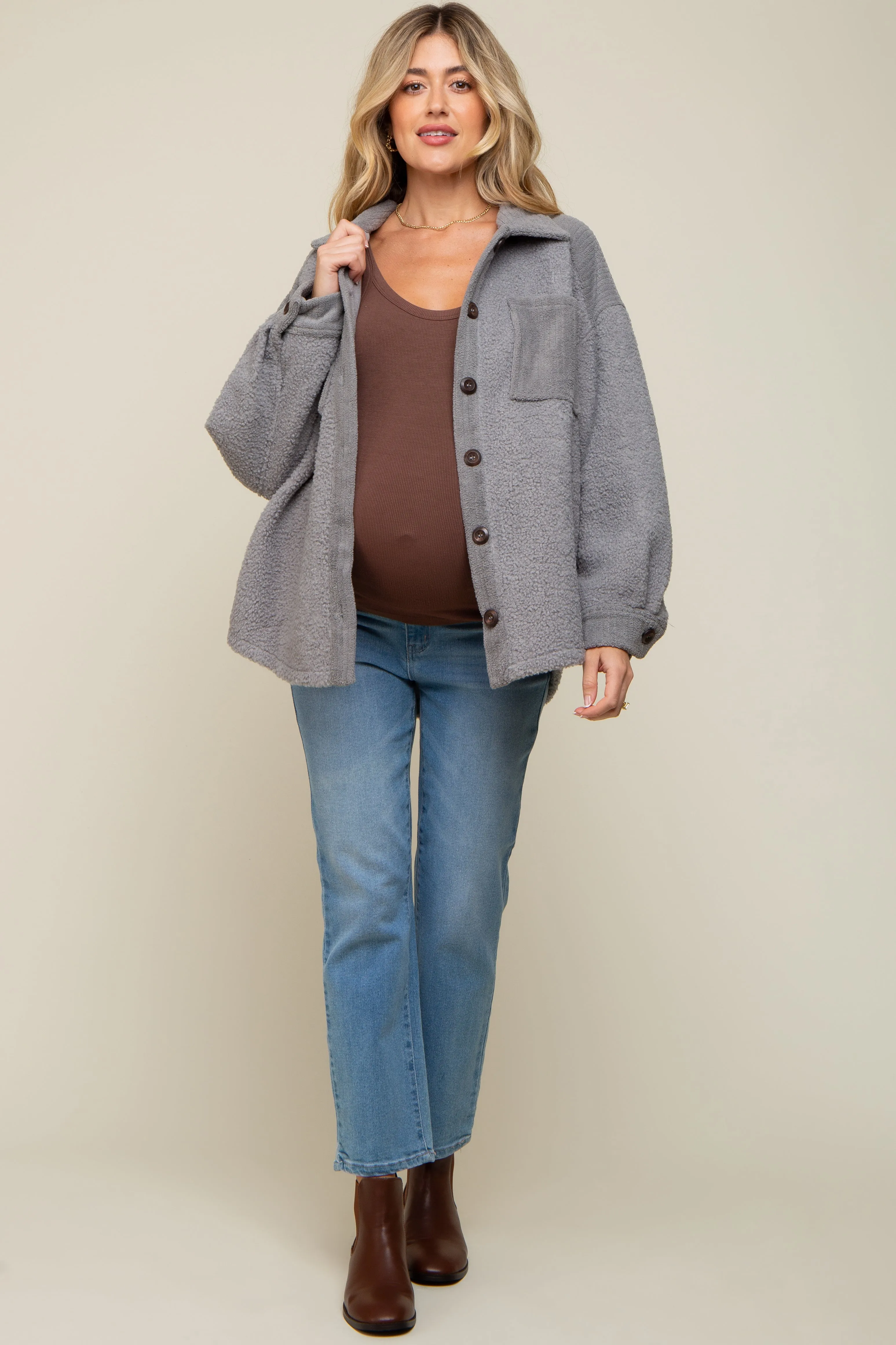 Grey Colorblock Fleece Maternity Shirt Jacket sold by Pinkblush product image thumbnail 5