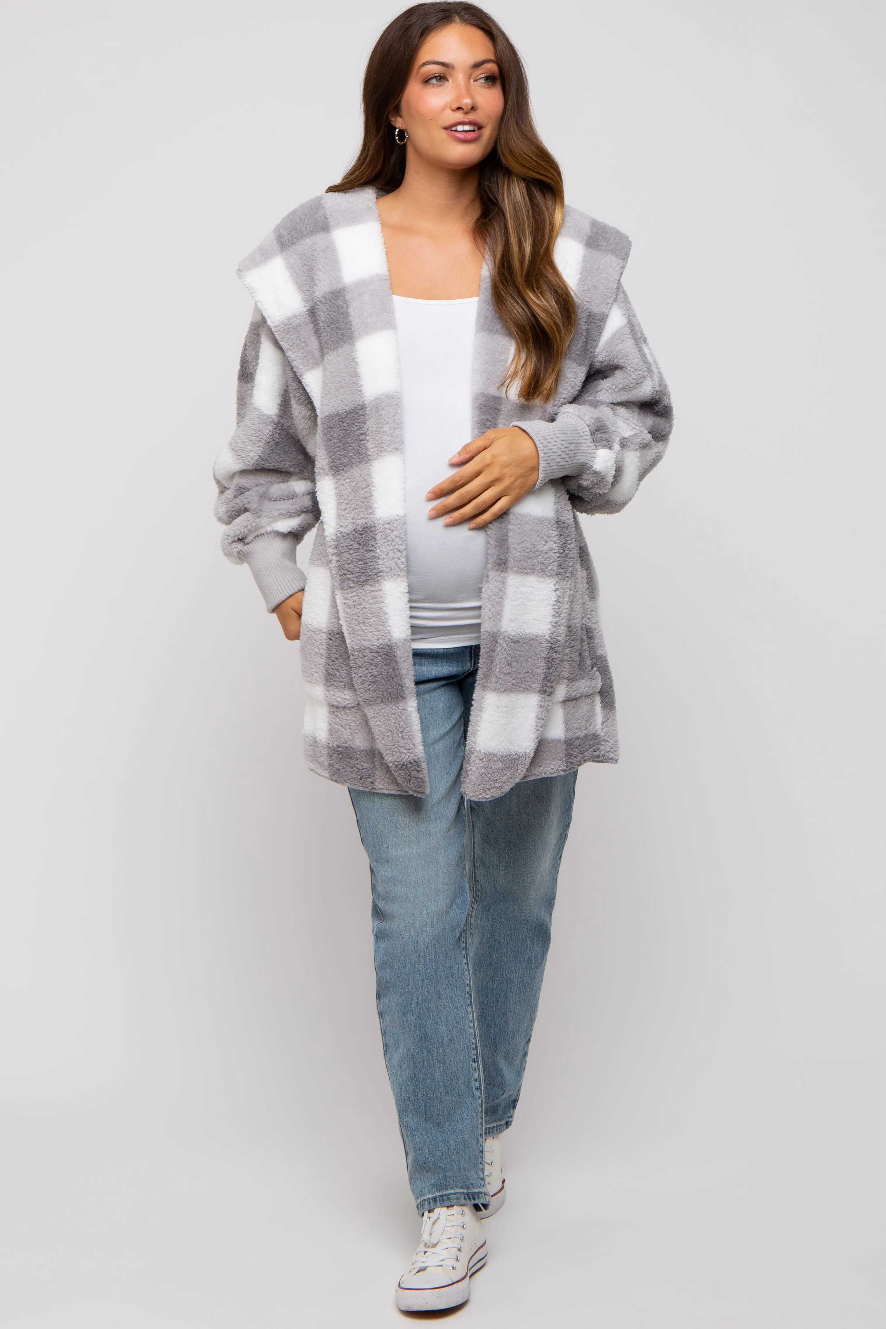 Grey Plaid Maternity Hooded Cardigan sold by Pinkblush product image thumbnail 4