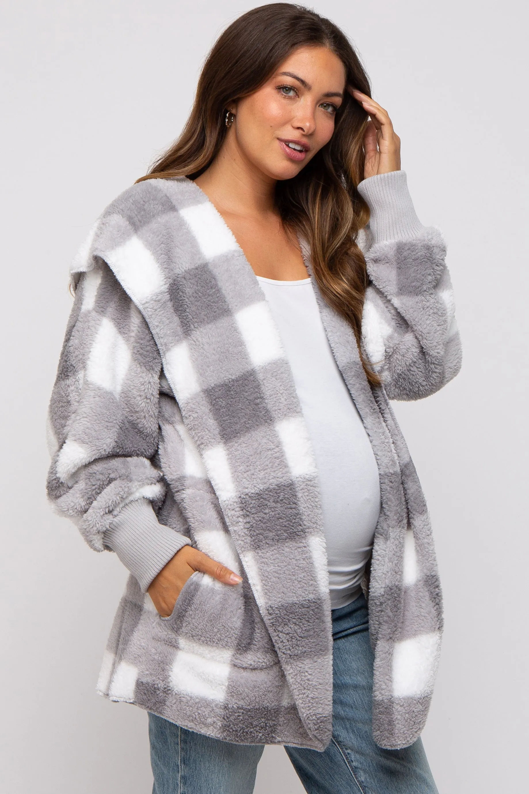 Grey Plaid Maternity Hooded Cardigan sold by Pinkblush