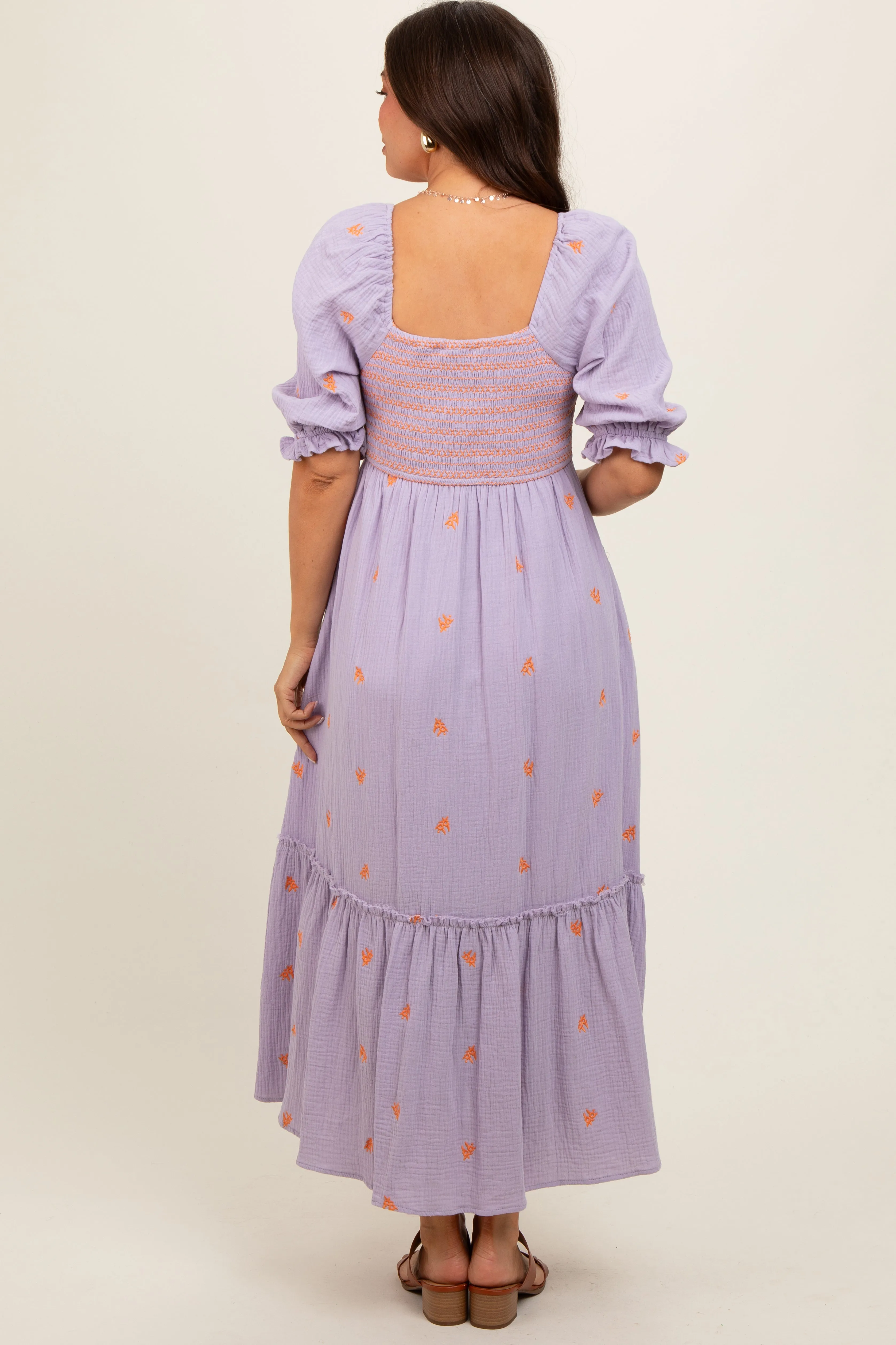 Lavender Gauze Smocked Embroidered Square Neck Maternity Midi Dress sold by Pinkblush product image thumbnail 4