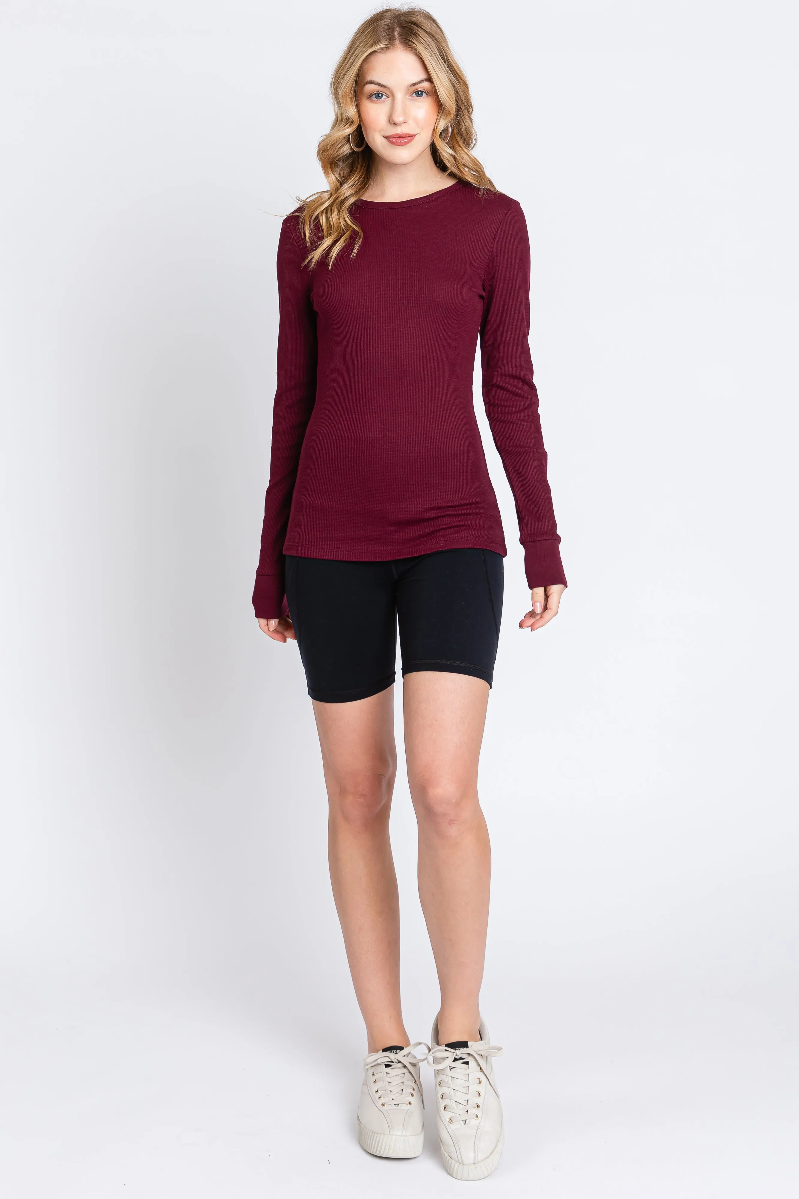 Burgundy Waffle Knit Basic Long Sleeve Top sold by Pinkblush product image thumbnail 4