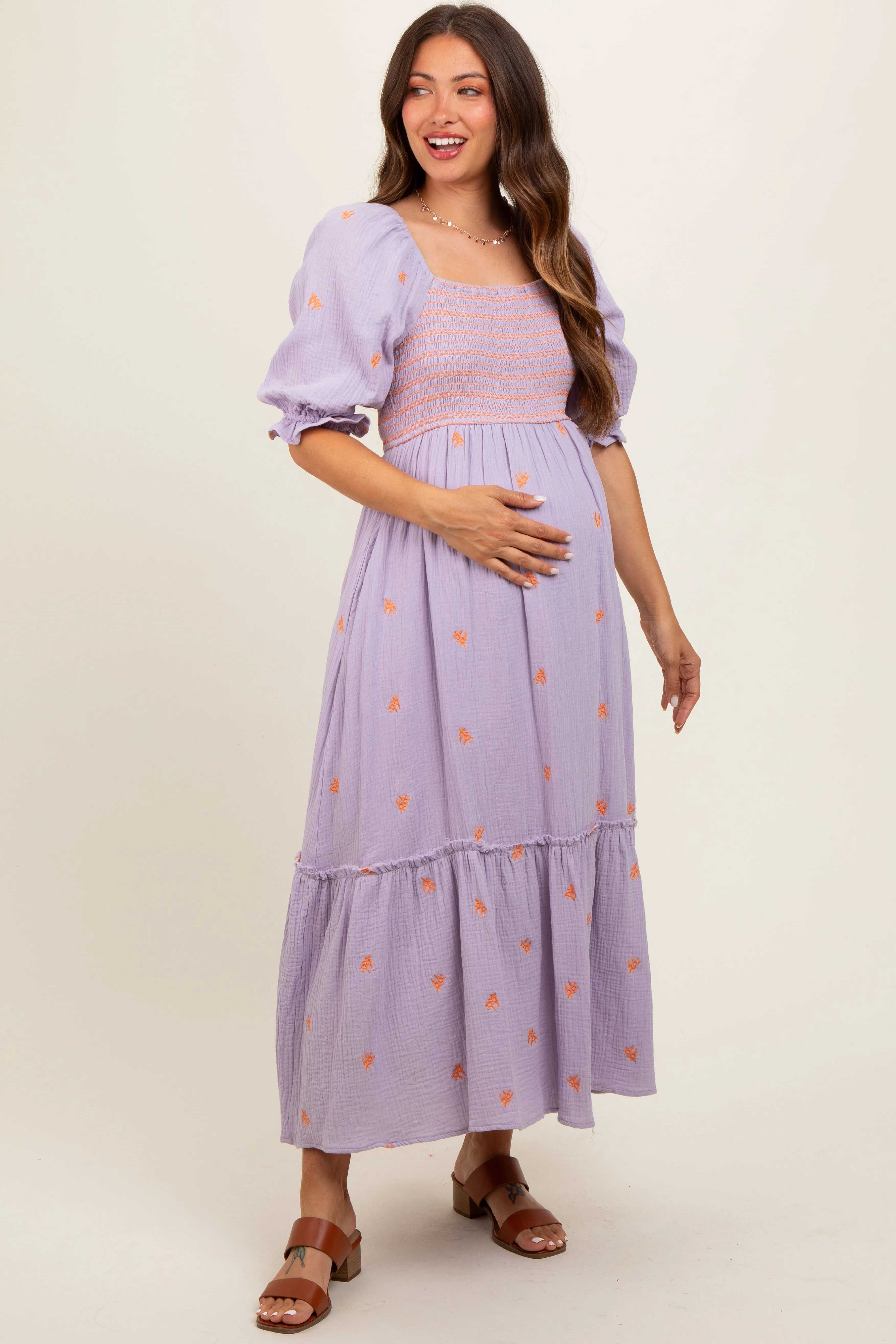 Lavender Gauze Smocked Embroidered Square Neck Maternity Midi Dress sold by Pinkblush