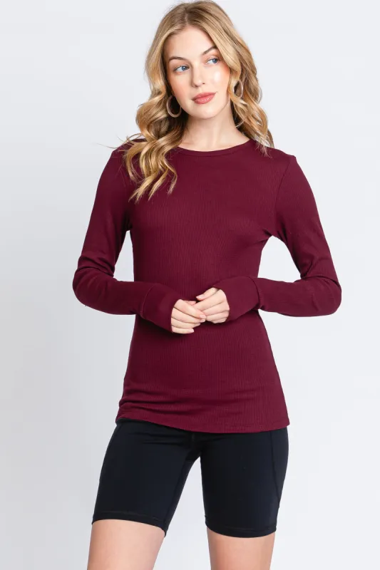 Burgundy Waffle Knit Basic Long Sleeve Top sold by Pinkblush