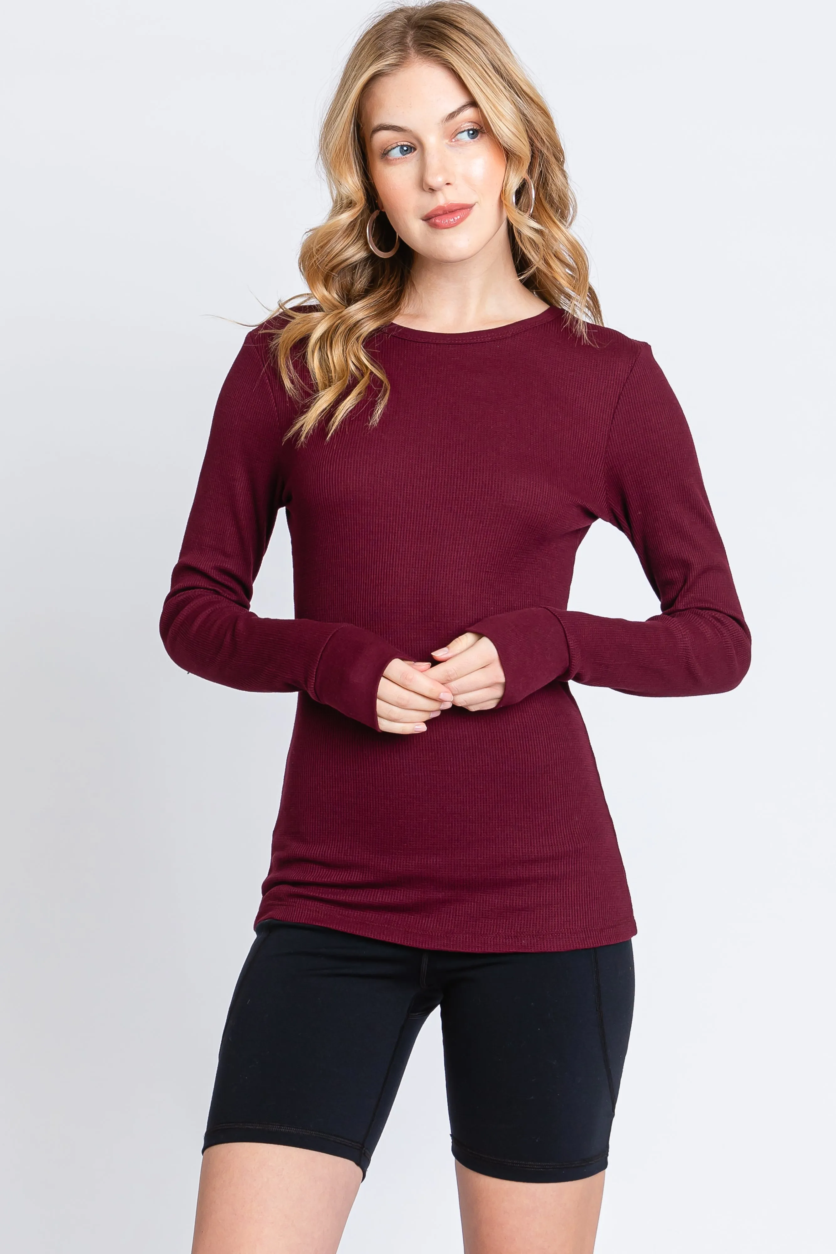 Burgundy Waffle Knit Basic Long Sleeve Top sold by Pinkblush
