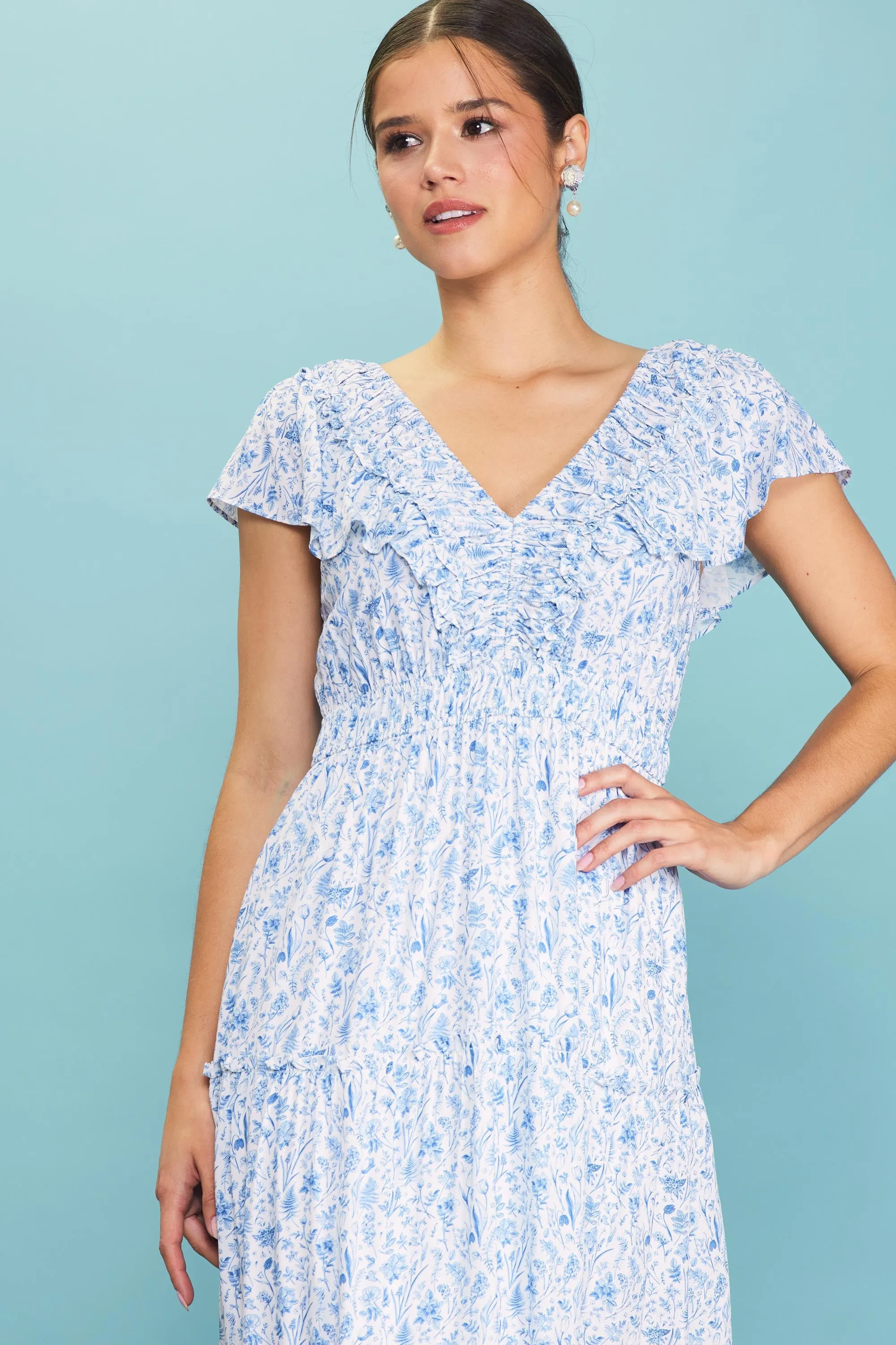 Blue Floral Front Ruched Ruffle Shoulder Tiered Midi Dress sold by Pinkblush product image thumbnail 4