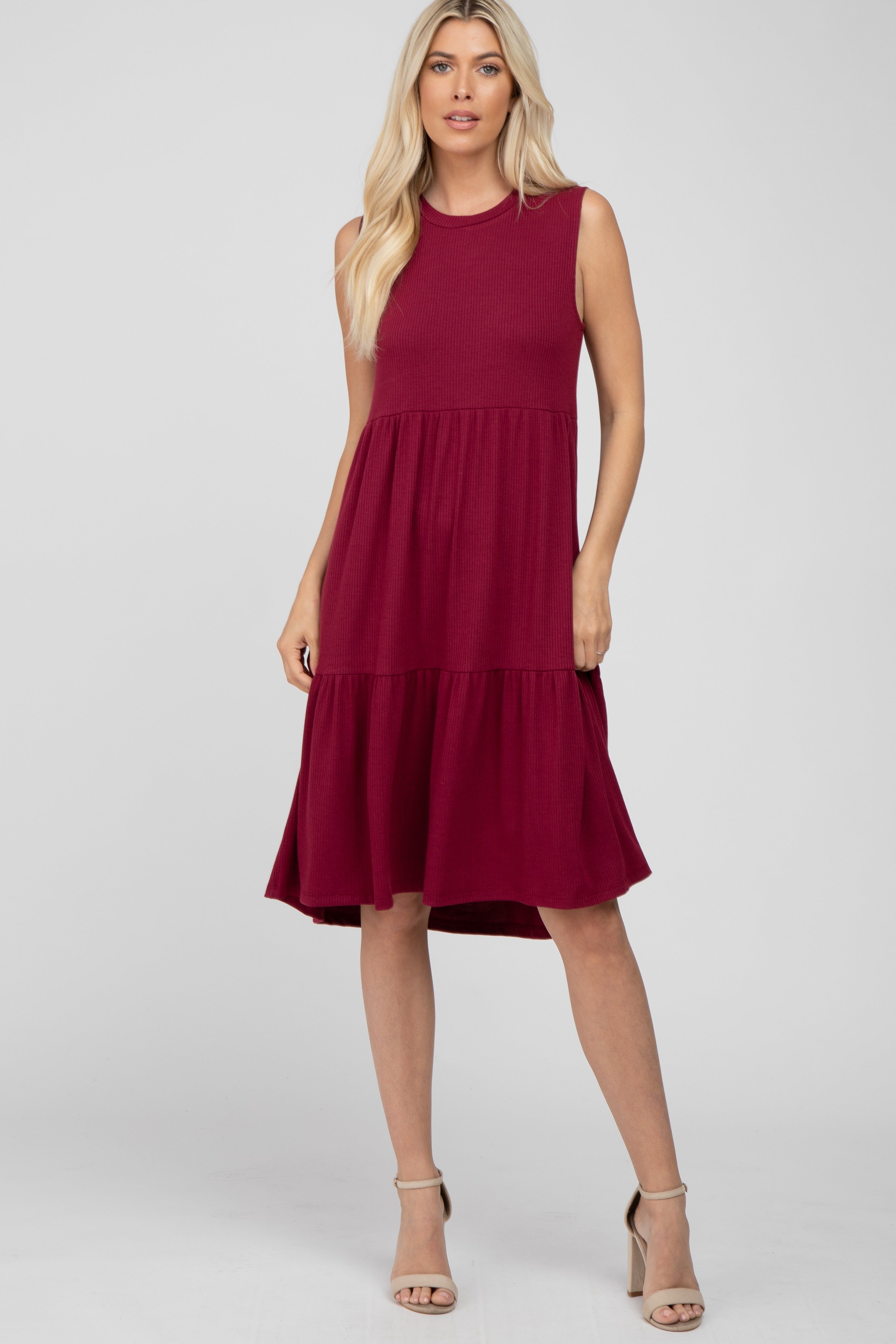 Burgundy Ribbed Tiered Maternity Midi Dress sold by Pinkblush product image thumbnail 5
