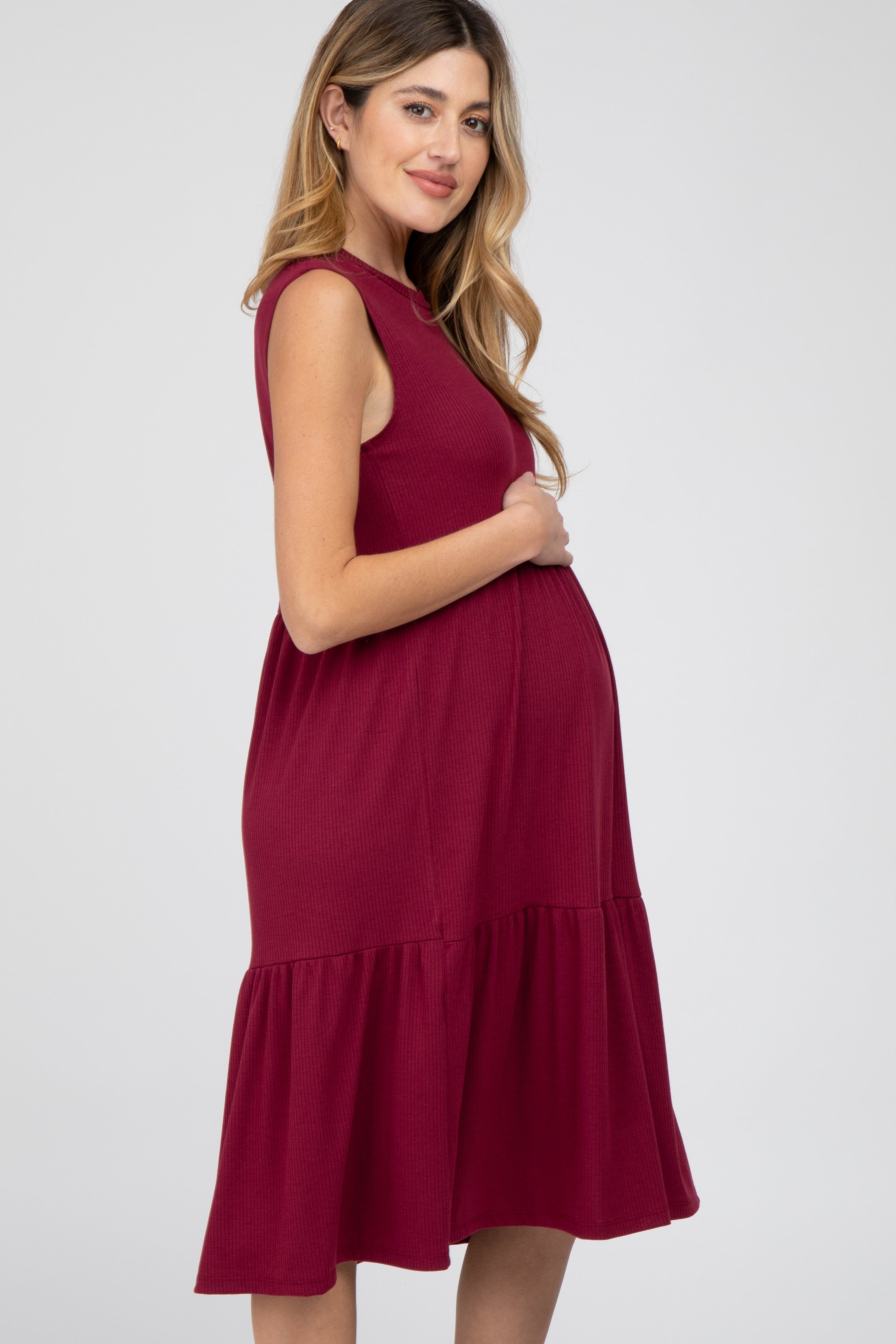 Burgundy Ribbed Tiered Maternity Midi Dress sold by Pinkblush product image thumbnail 3