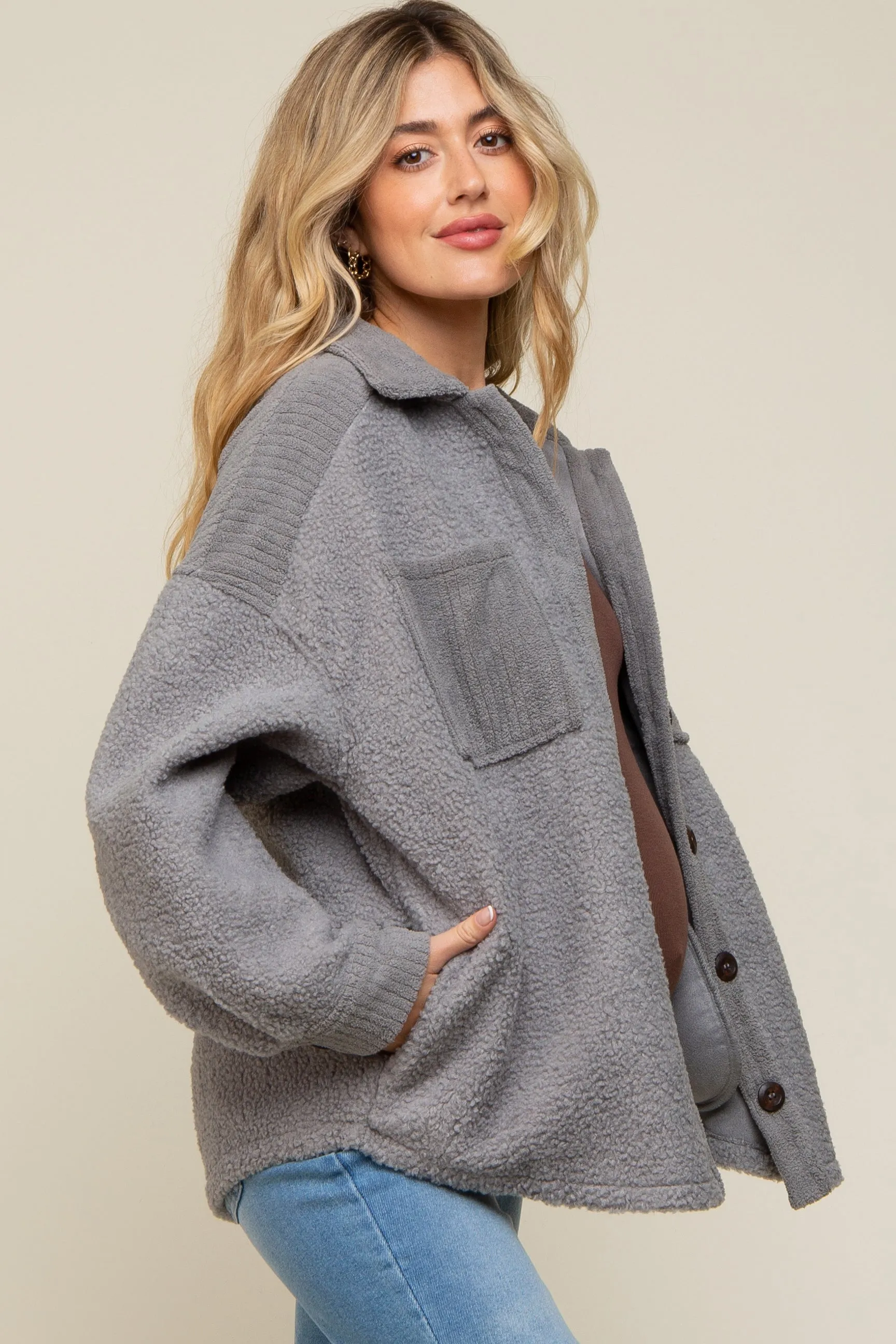 Grey Colorblock Fleece Maternity Shirt Jacket sold by Pinkblush product image thumbnail 3