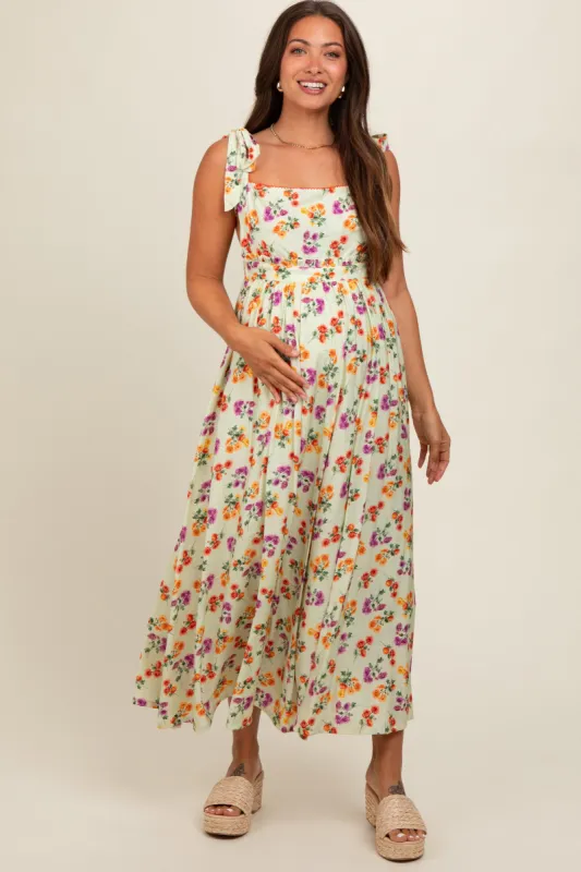 Light Olive Floral Open Back Maternity Midi Dress sold by Pinkblush