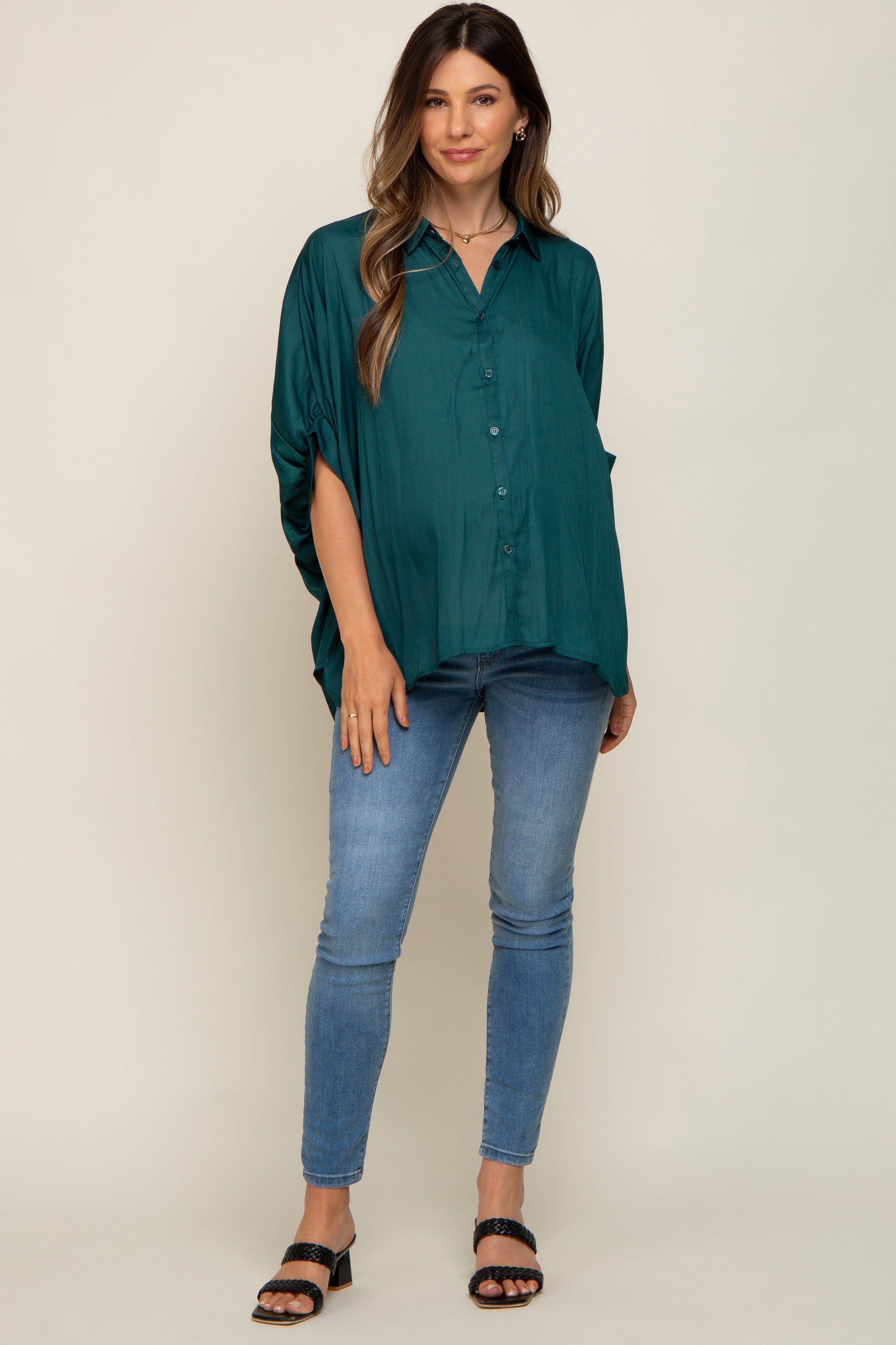 Green Oversized Button Down Maternity Blouse sold by Pinkblush