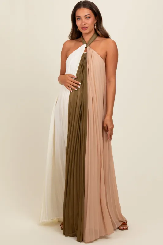 Olive Colorblock Pleated Halter Neck Maternity Maxi Dress sold by Pinkblush