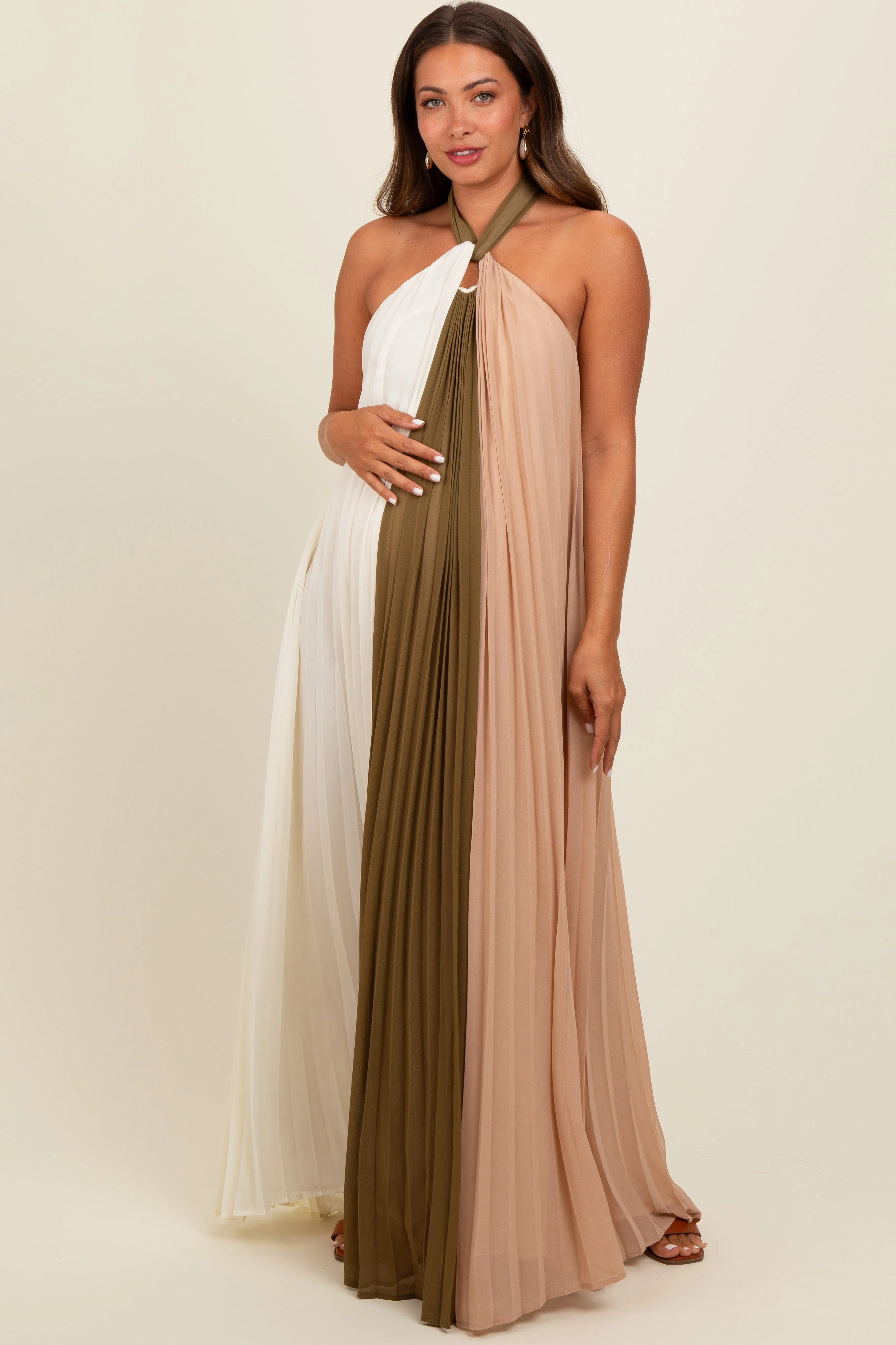 Olive Colorblock Pleated Halter Neck Maternity Maxi Dress sold by Pinkblush