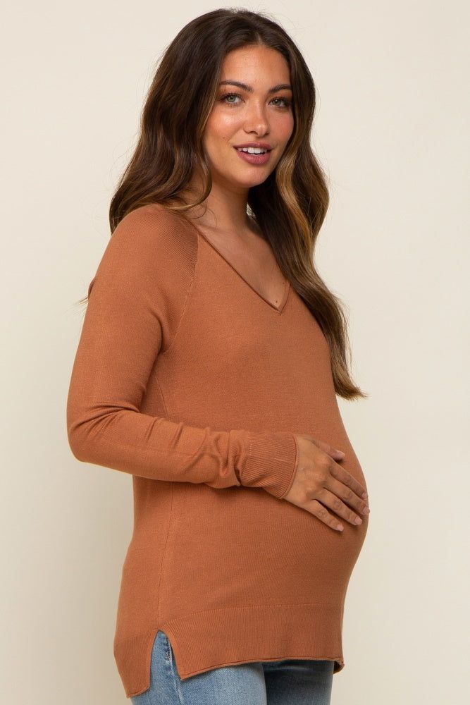 Camel Fine Knit V-Neck Side Slit Maternity Top sold by Pinkblush product image thumbnail 2