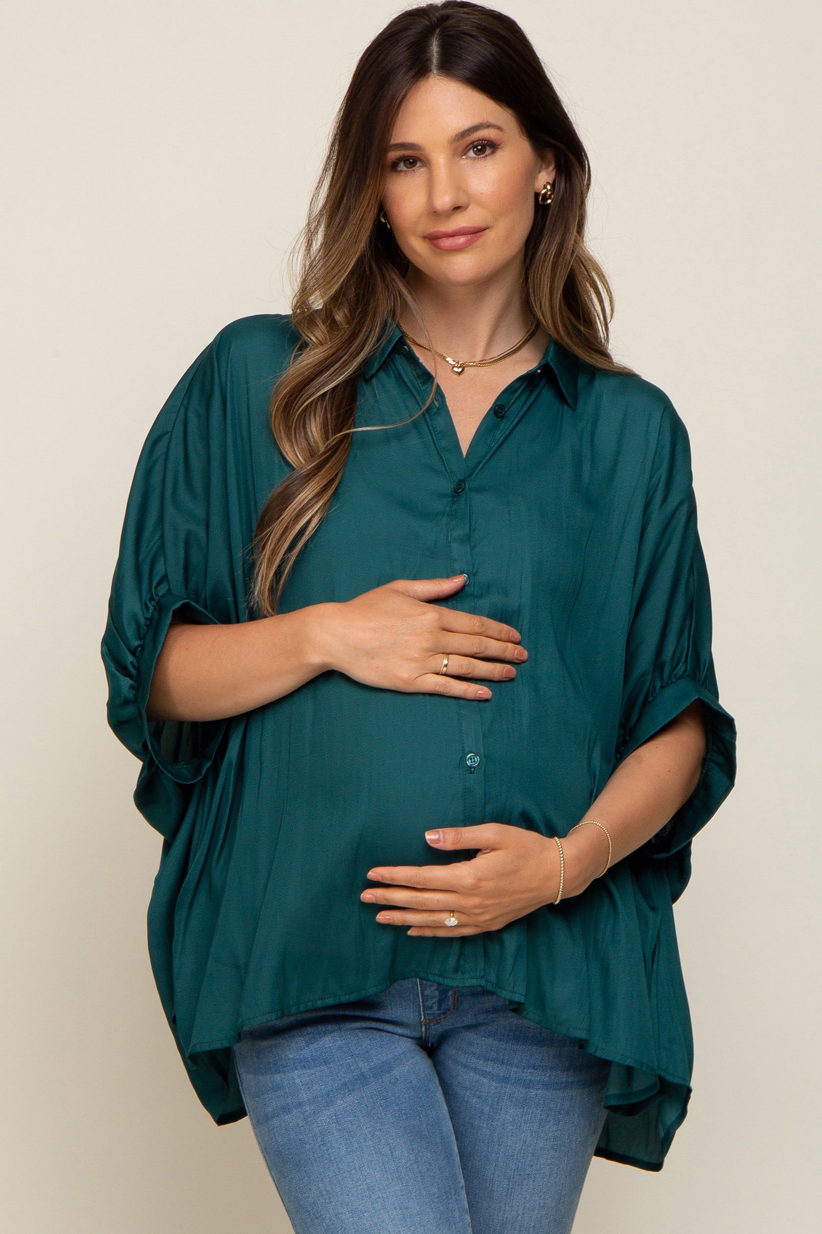 Green Oversized Button Down Maternity Blouse sold by Pinkblush product image thumbnail 2
