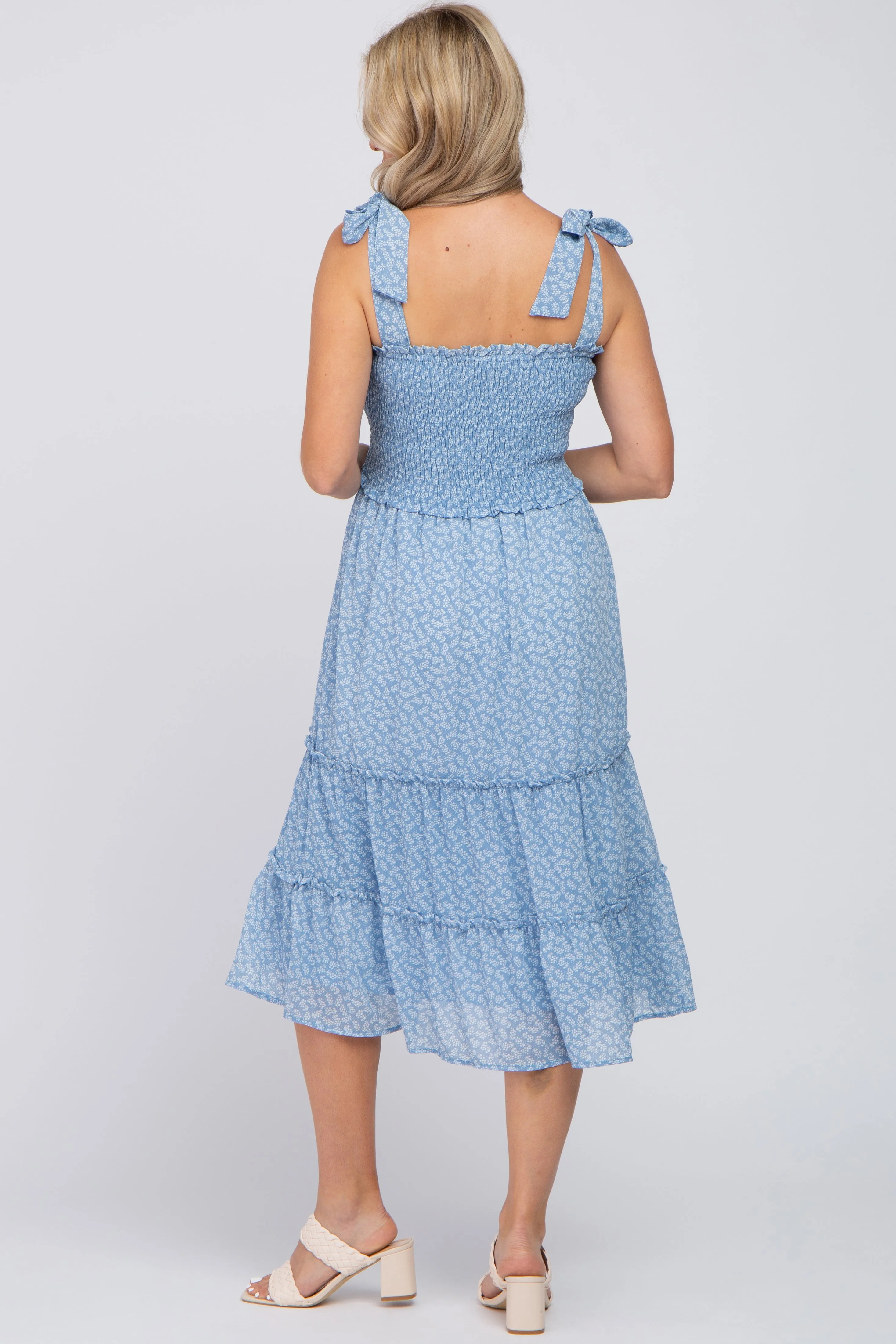 Blue Floral Sleeveless Smocked Tiered Maternity Midi Dress sold by Pinkblush product image thumbnail 3