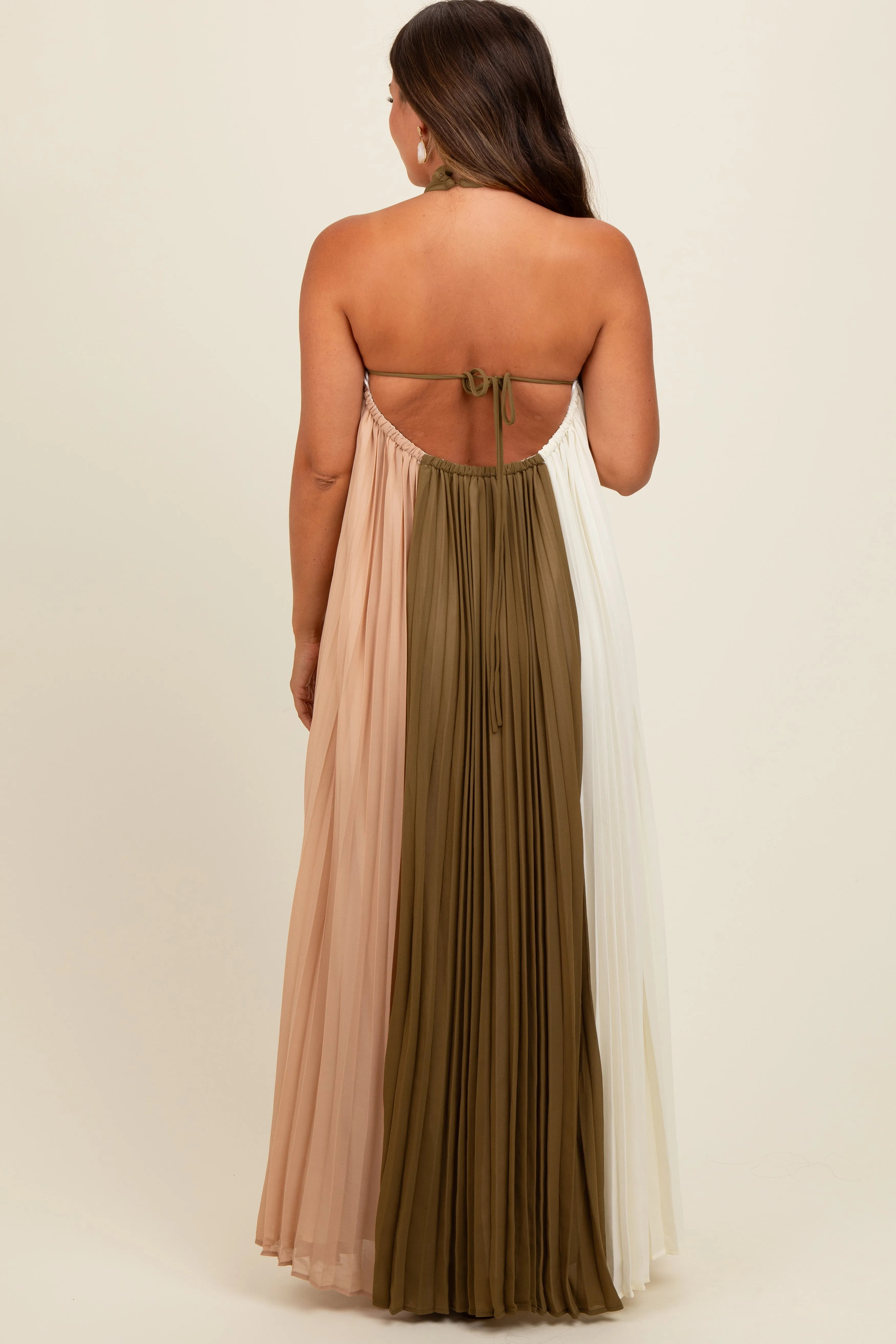 Olive Colorblock Pleated Halter Neck Maternity Maxi Dress sold by Pinkblush product image thumbnail 2