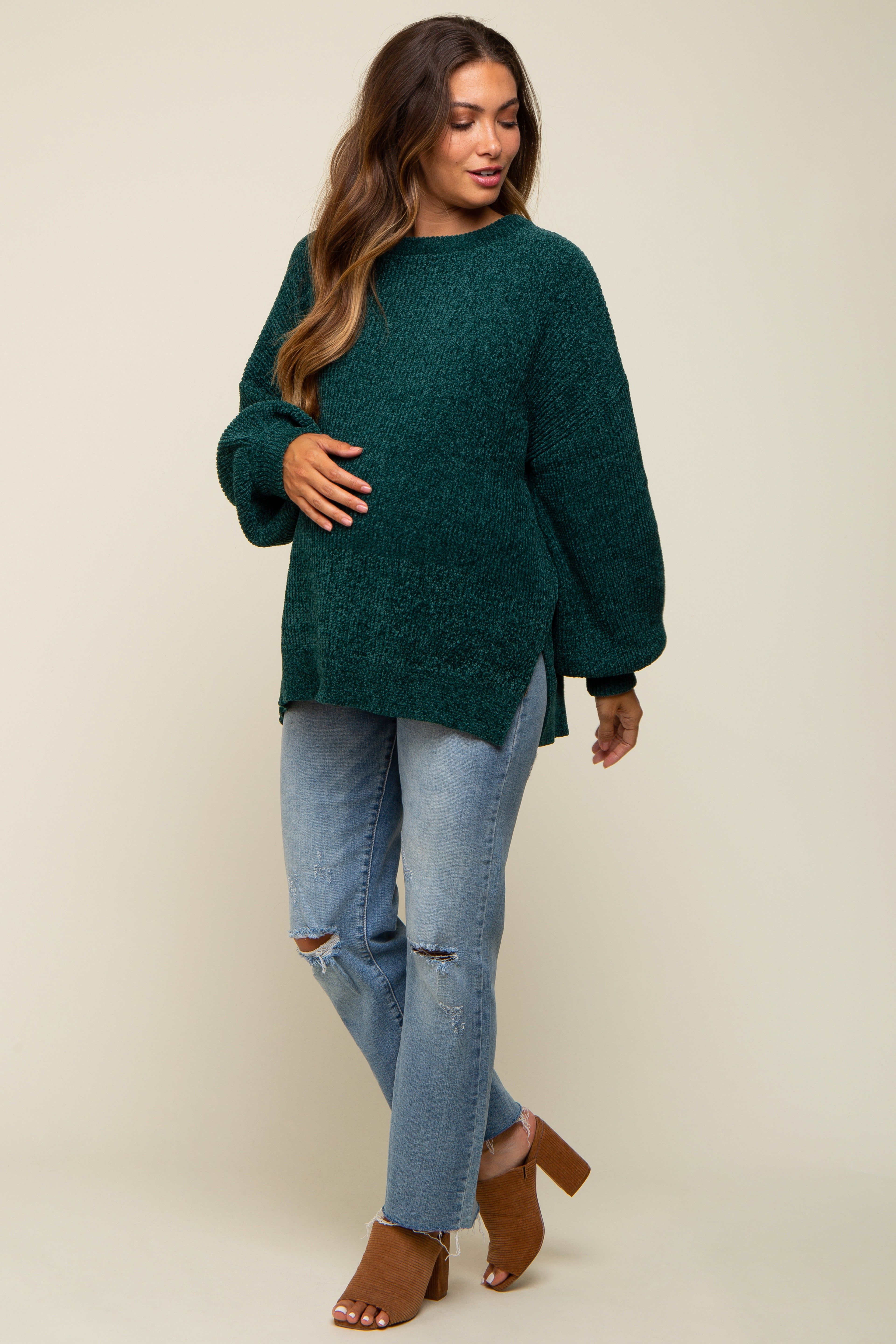 Forest Green Chenille Knit Balloon Sleeve Maternity Sweater sold by Pinkblush