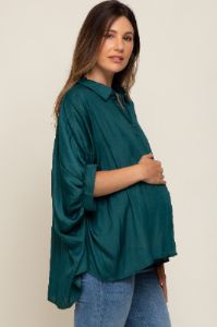 Green Oversized Button Down Maternity Blouse sold by Pinkblush