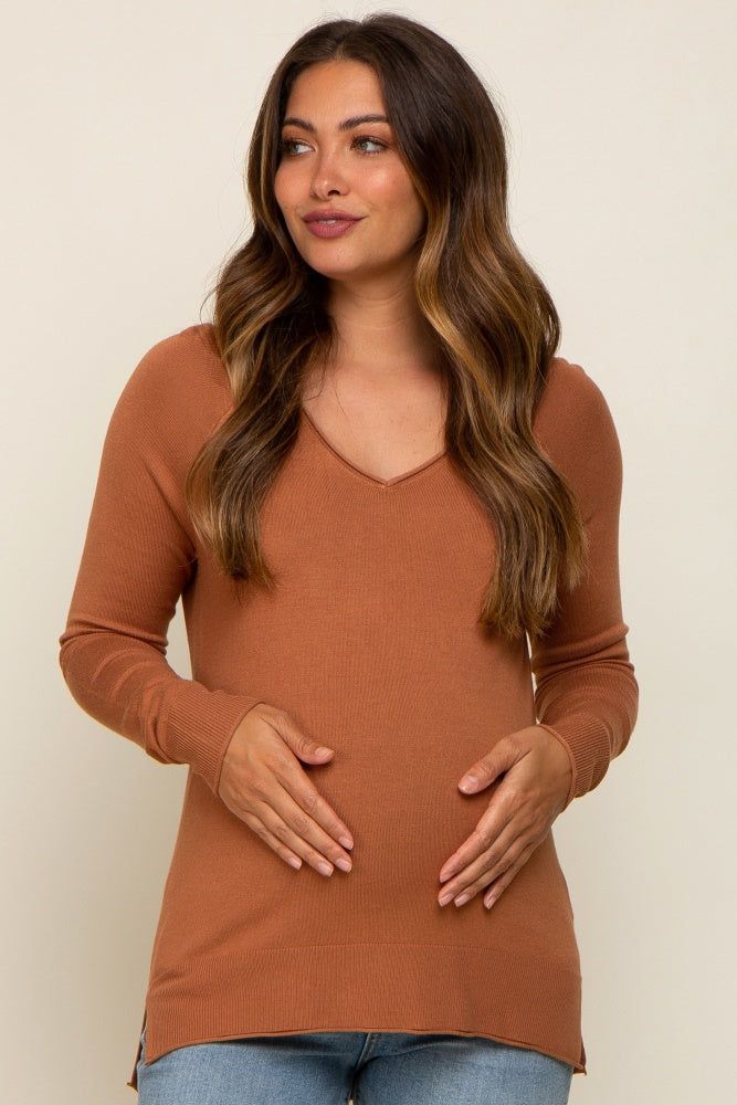 Camel Fine Knit V-Neck Side Slit Maternity Top sold by Pinkblush