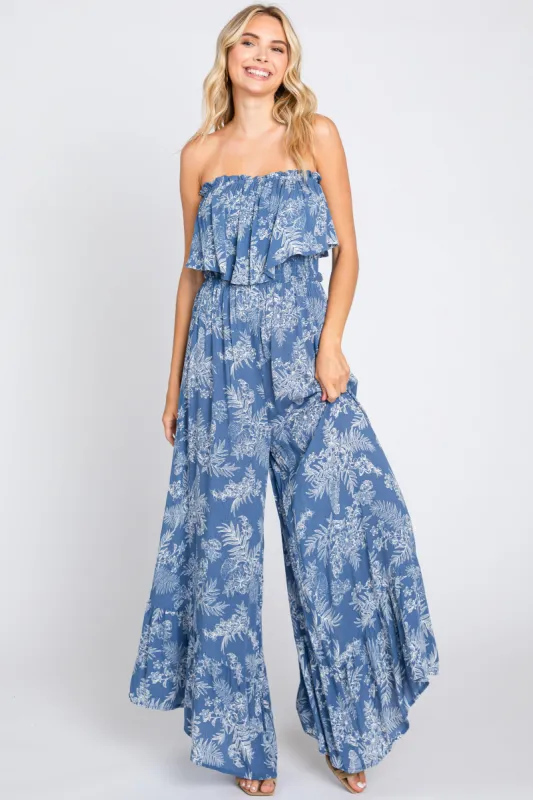 Blue Floral Ruffle Overlay Jumpsuit sold by Pinkblush