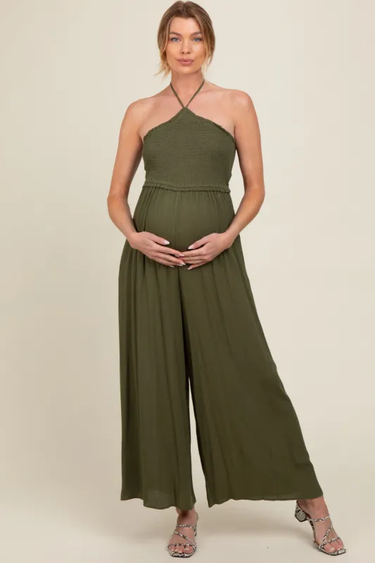 Olive Back Cutout Smocked Halter Wide Leg Maternity Jumpsuit sold by Pinkblush