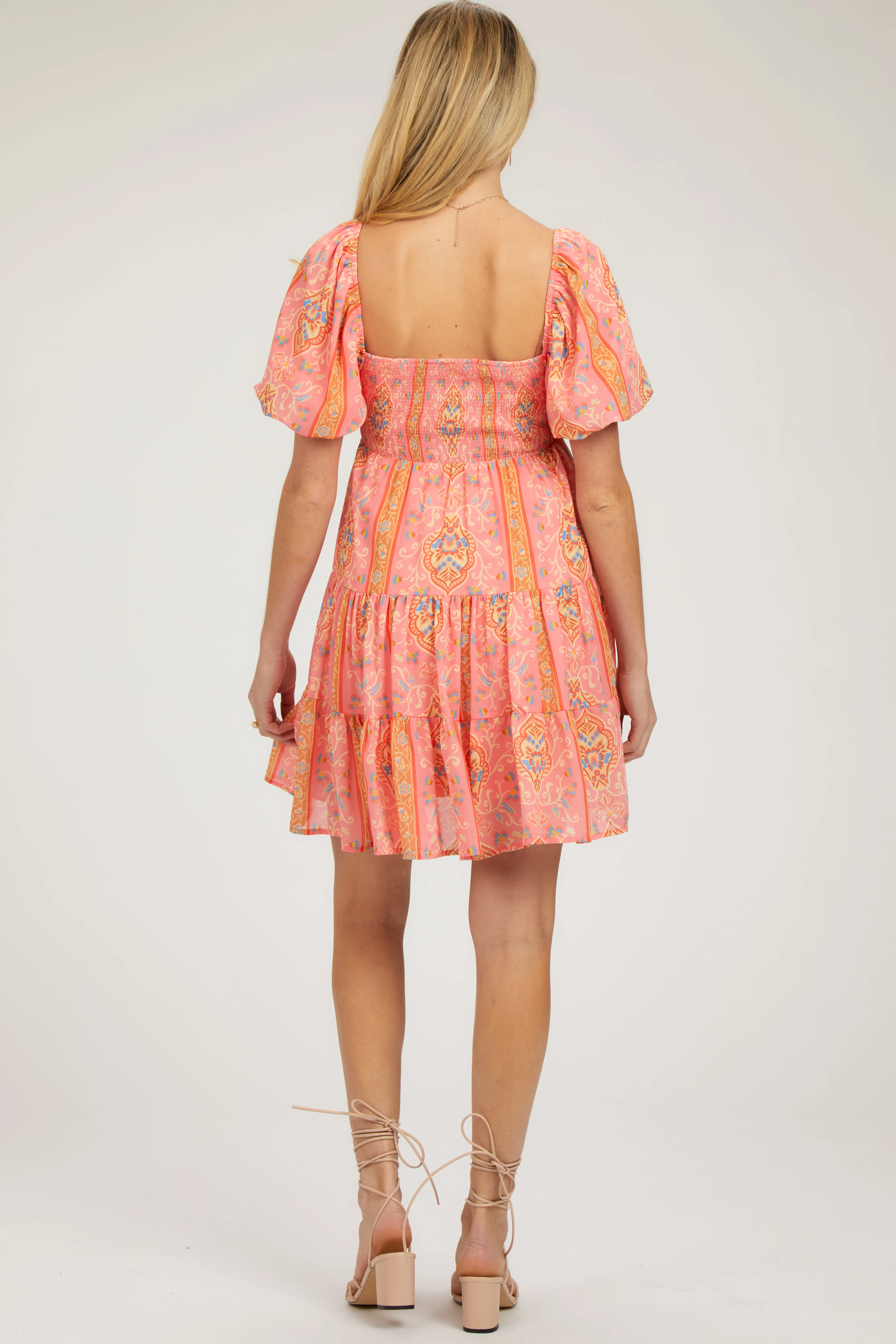 Pink Floral Smocked V-Neck Short Puff Sleeve Maternity Dress sold by Pinkblush product image thumbnail 4