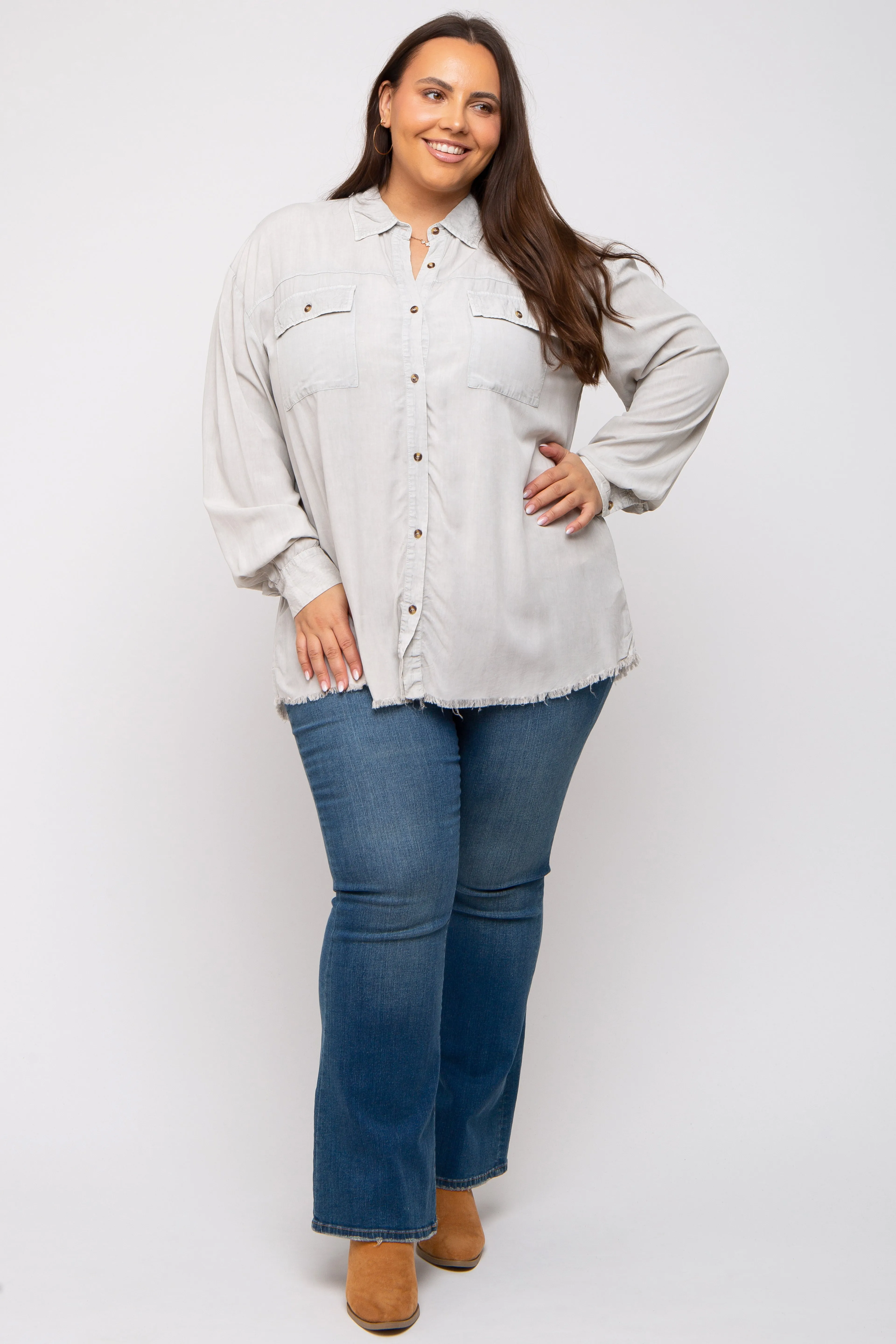 Grey Button Up Fringe Hem Plus Top sold by Pinkblush product image thumbnail 4